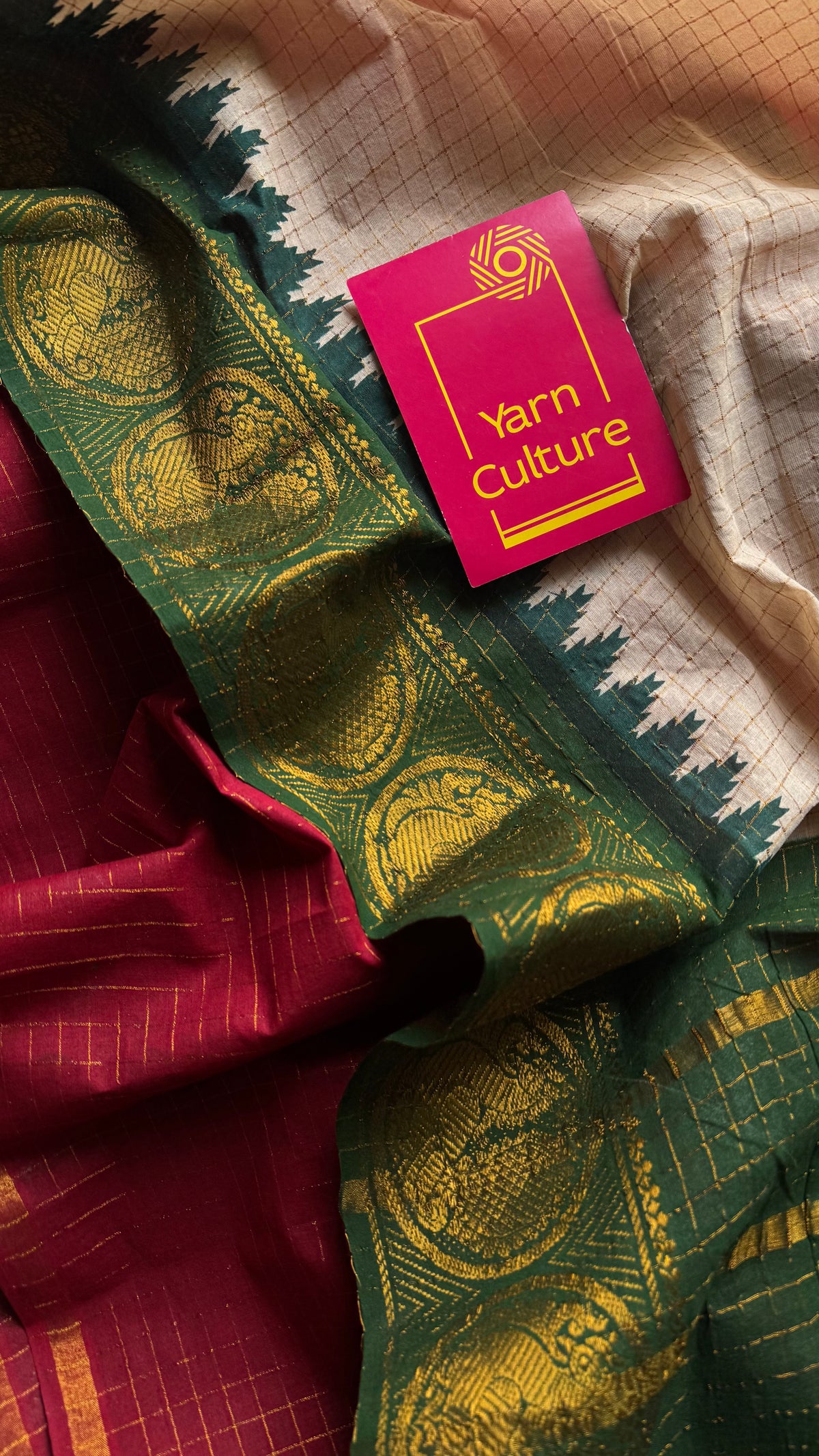 Cream with red and green, sungudi cotton half-half saree - YCCOTNIDOC11