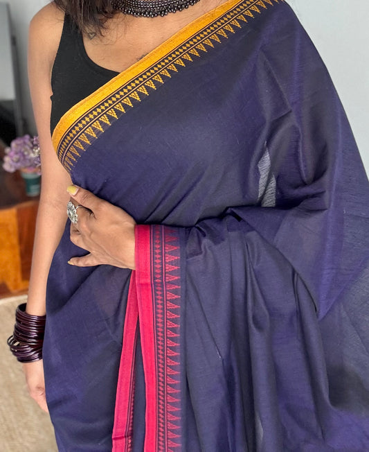 Dhonekhali handloom soft cotton saree, violet with red and yellow thread borders - YCBCDFE258