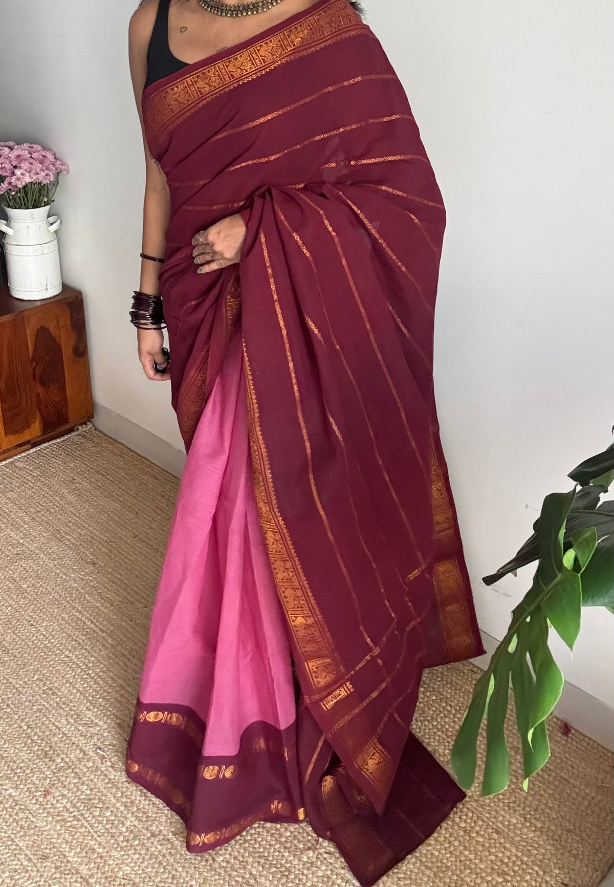 Maroon with dusty pink, cotton half and half saree - YCCOTNIDOC151