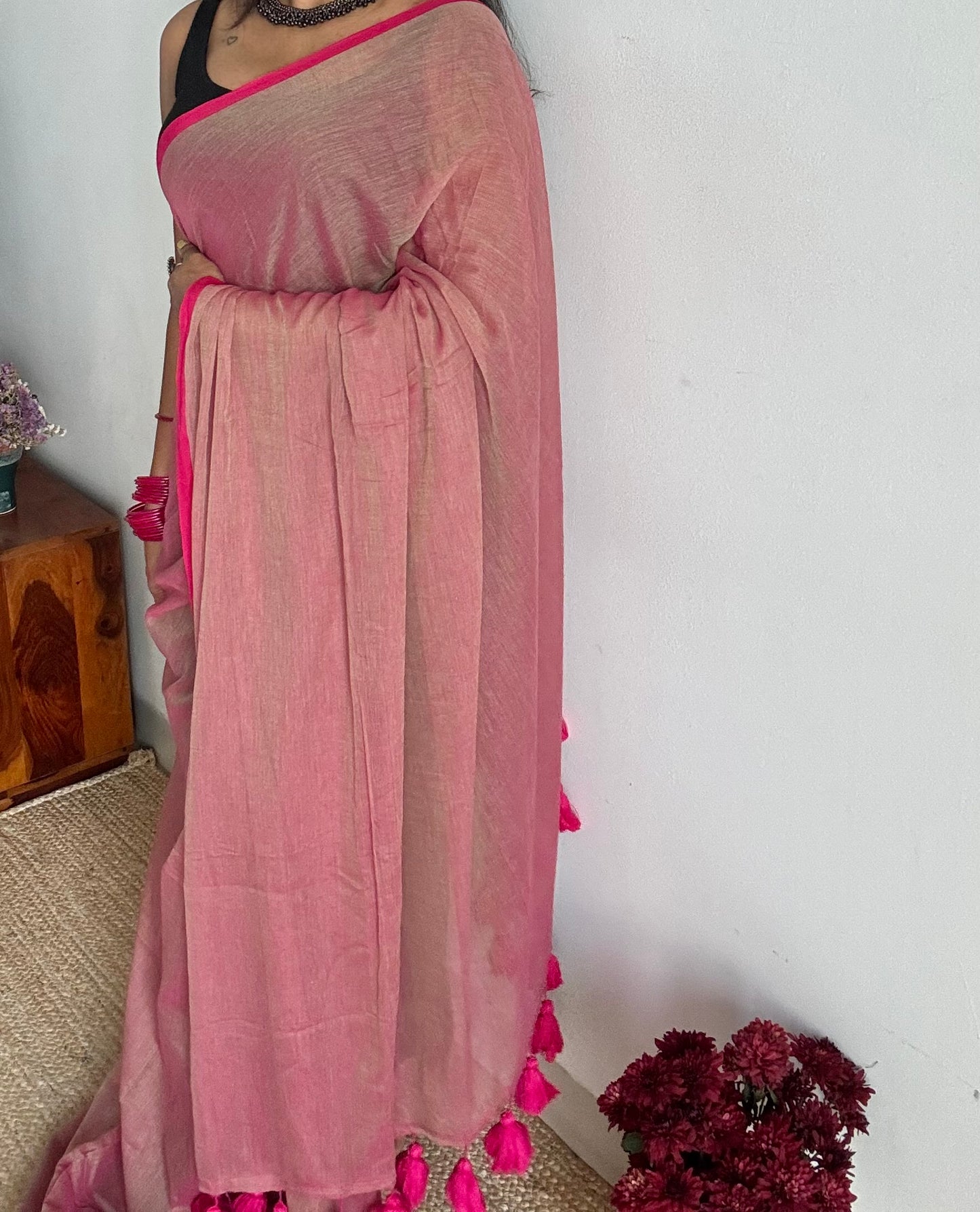 Mauve with pinkish red border mul cotton saree - YCBCMCFE229