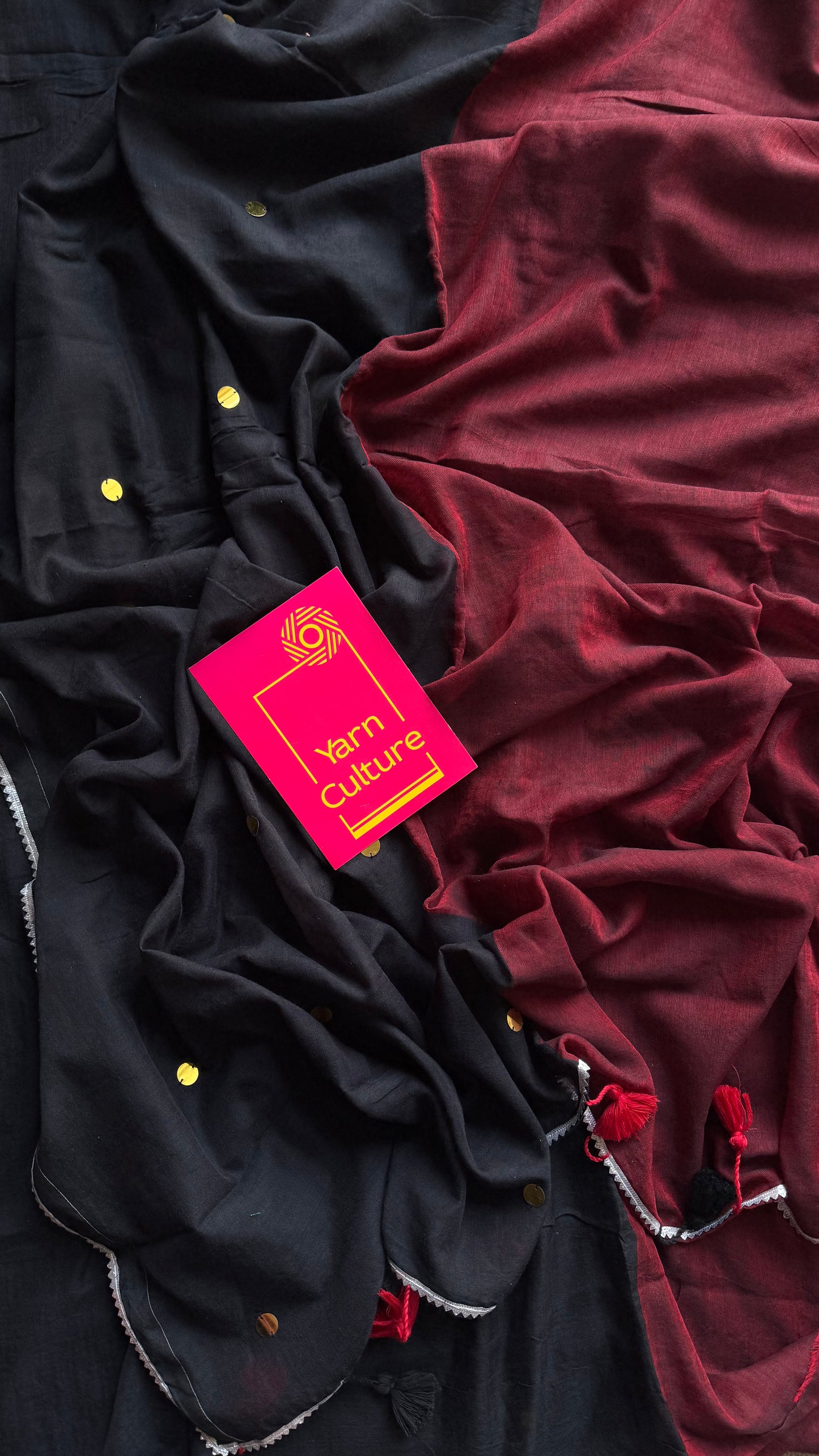 Maroon with black half-half patterned mul with sequins and silver lace border - YCBCMCNO72