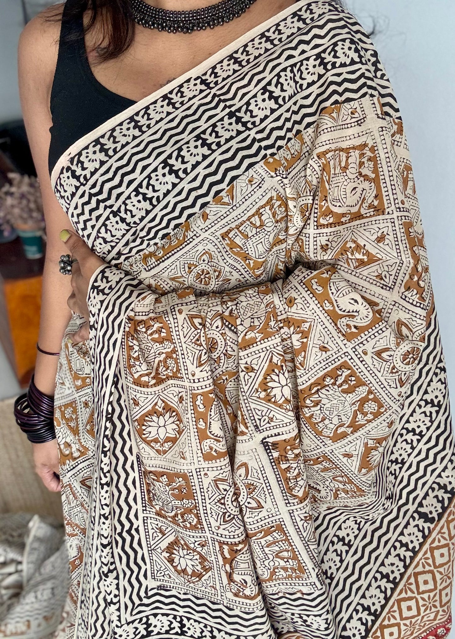 Katha - elephants, florals, and geometric tales block printed on earthy brown, soft cotton - YCWOTDNOBP92