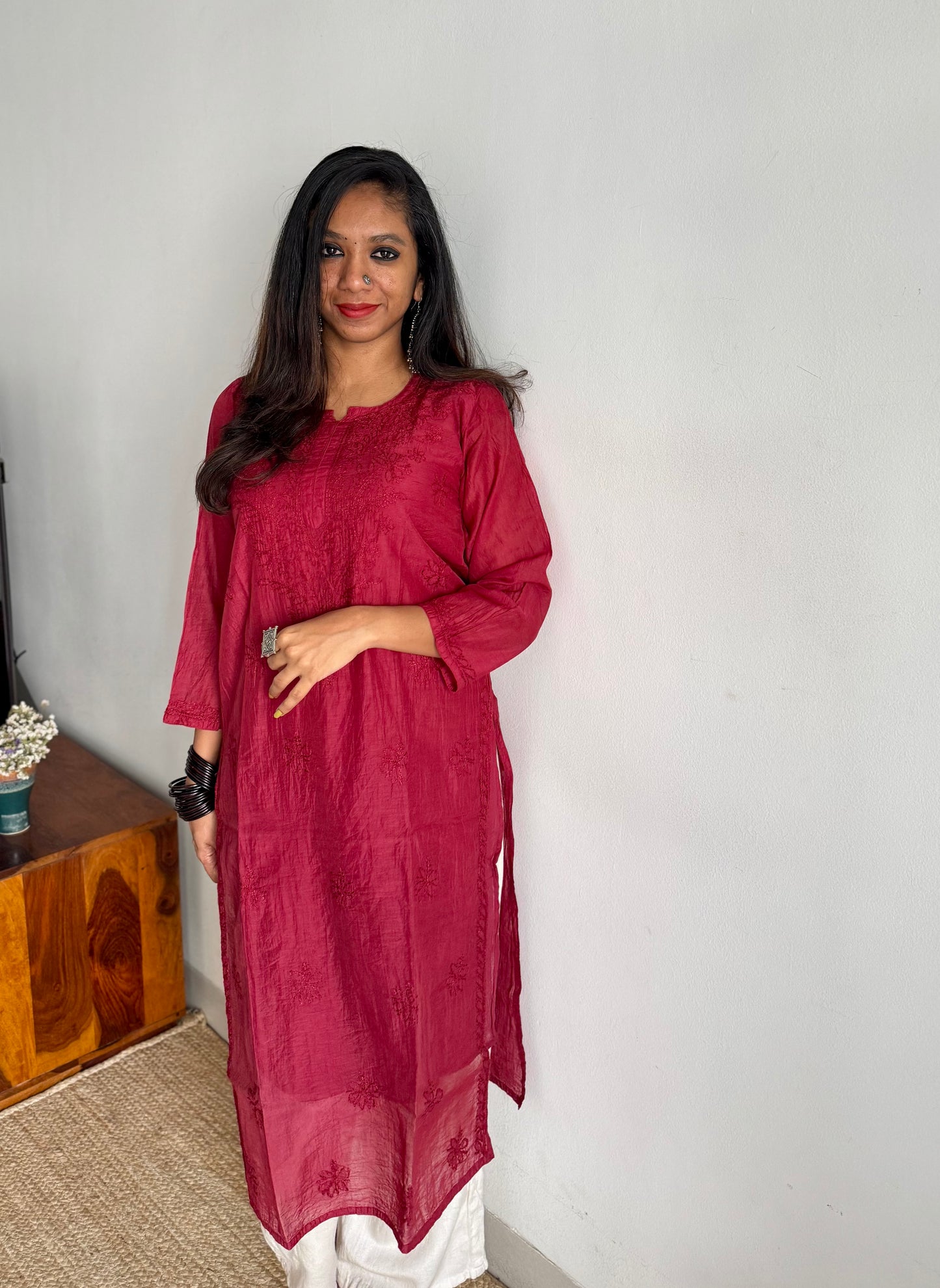 Deep carmine muslin chanderi chikankari with bakhiya work, stitched kurta, round neck, three fourth sleeves - YCSECK21