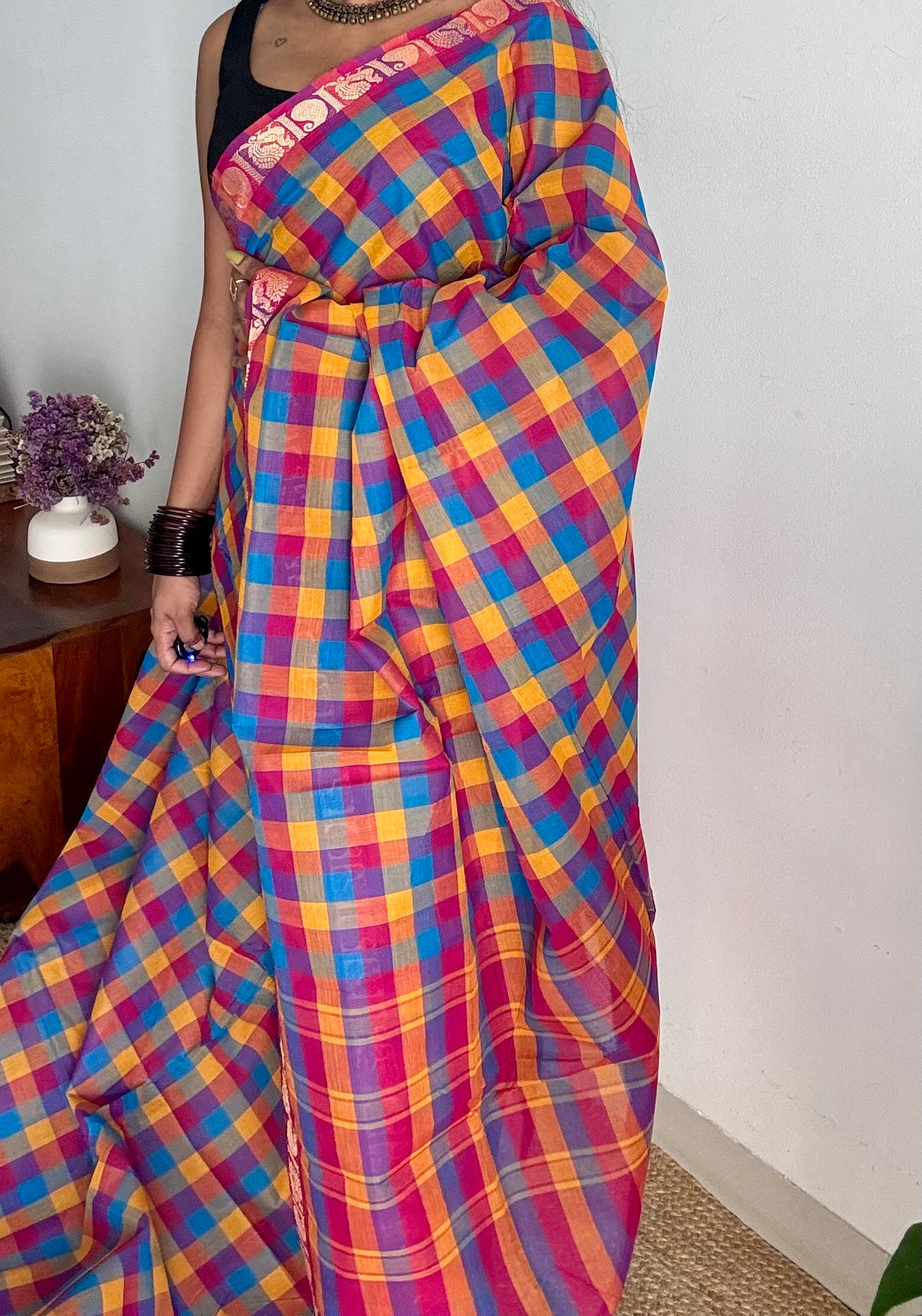 Multicolour Chettinad cotton saree with Paalum Pazhamum checks (pink, blue, orange, yellow)- YCCOTNJUCC01