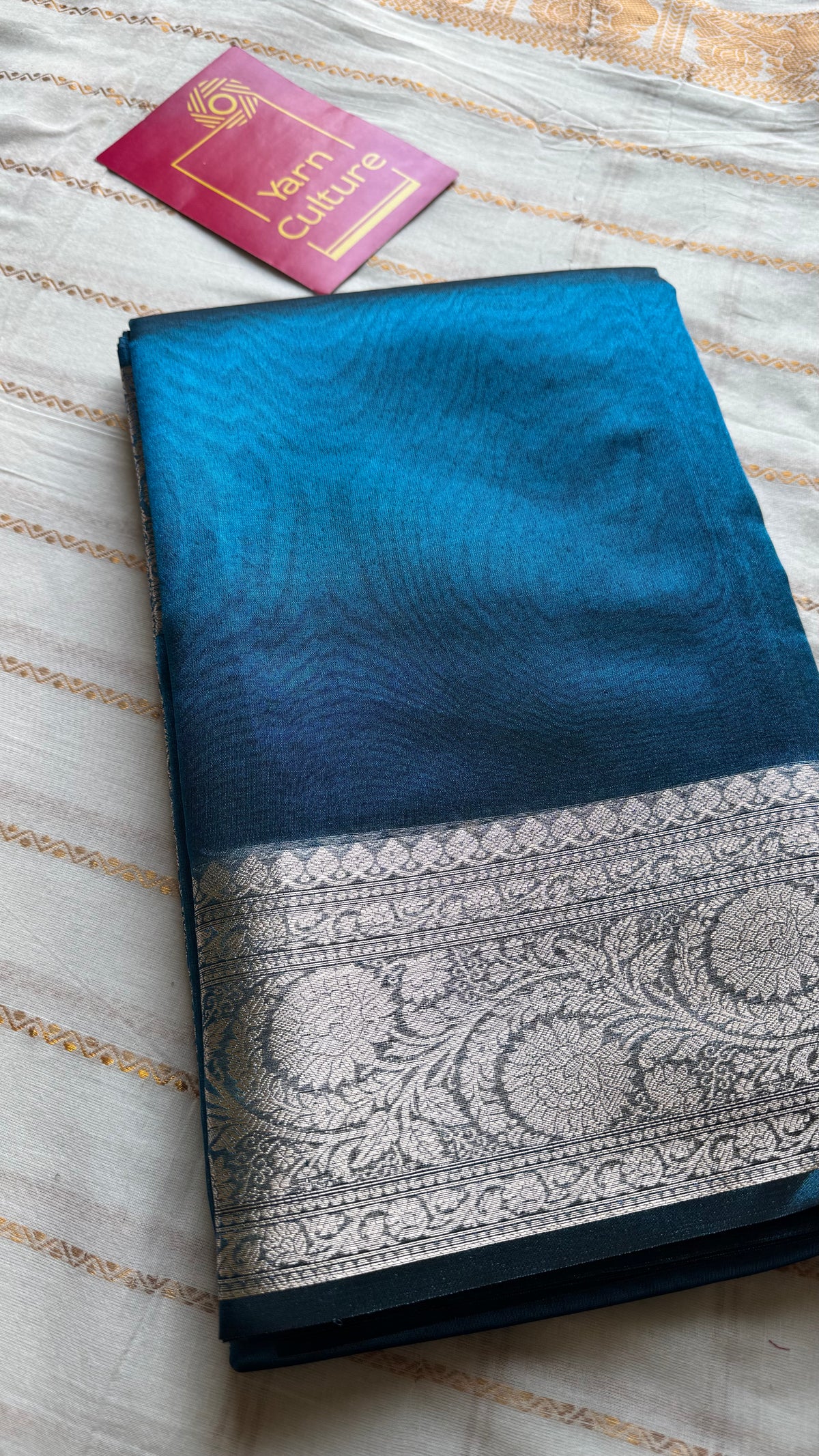 Peacock blue tissue Banarasi saree with zari border - YCBLTOC86
