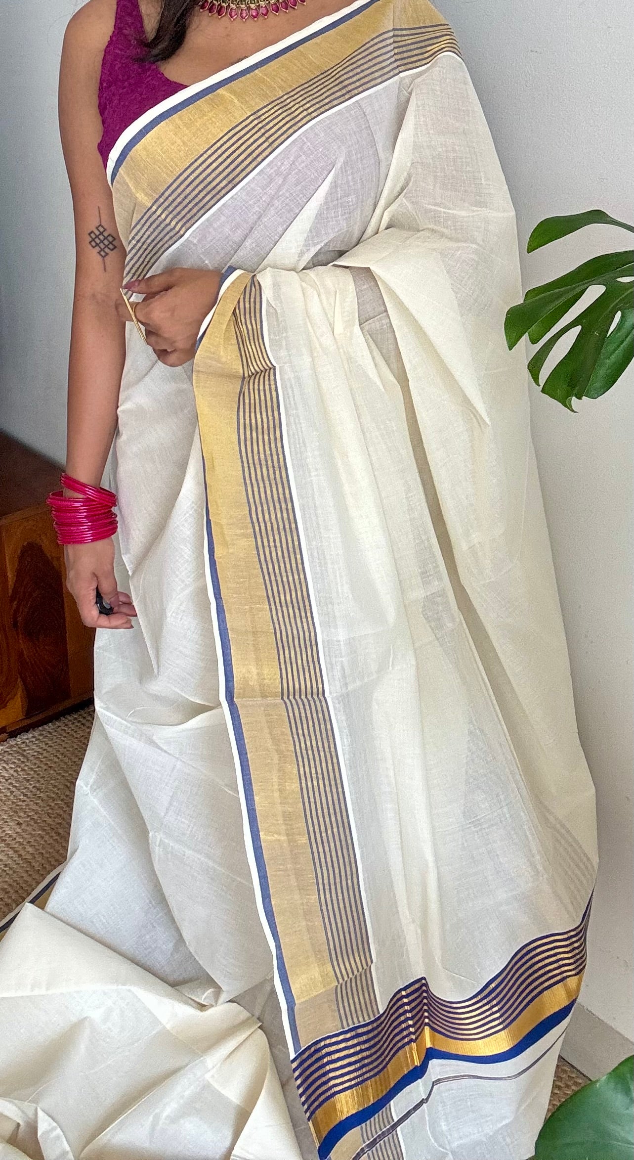 Ivory and gold soft cotton saree, royal blue border - YCIEON77