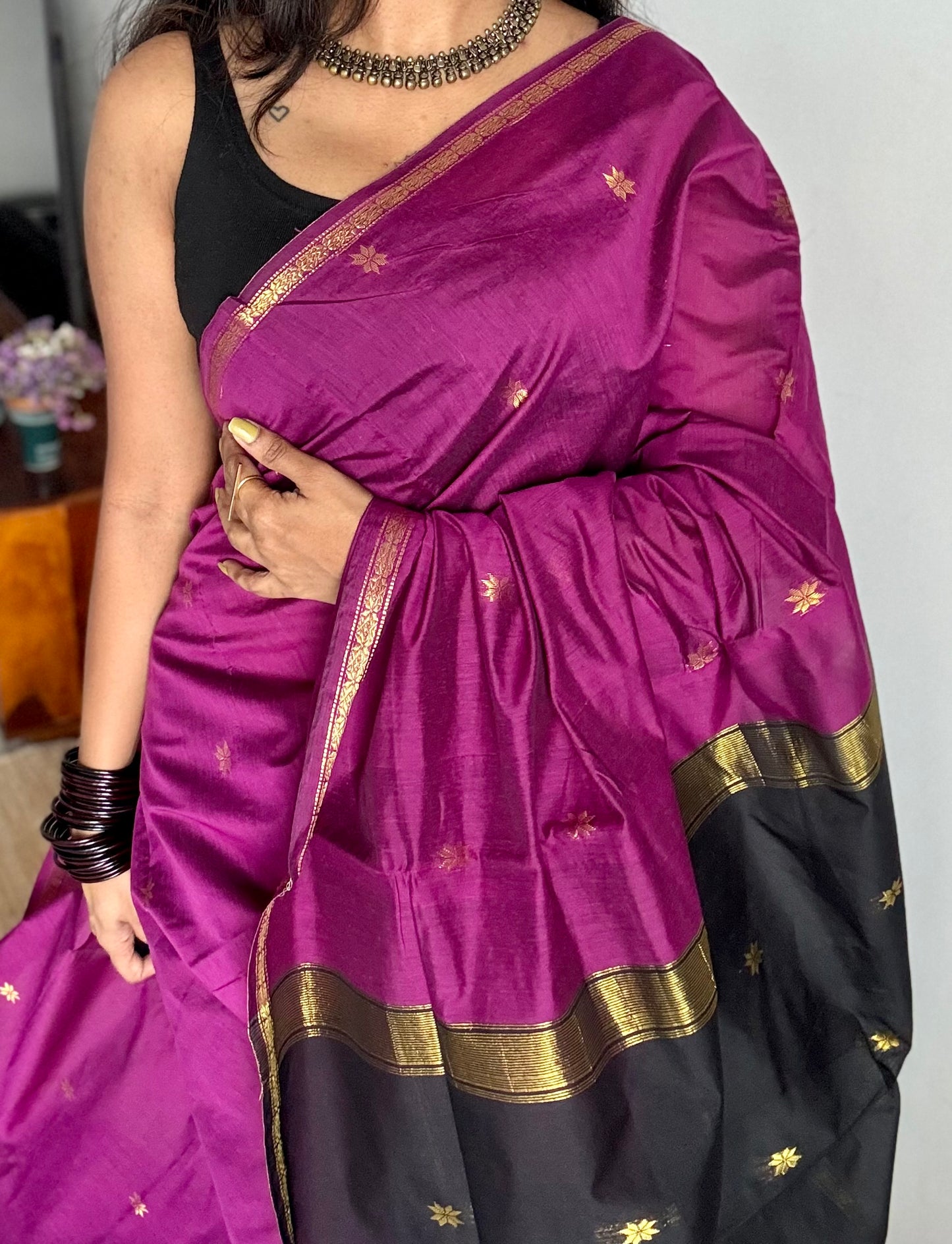 Grape wine with black, gold buttas, semi maheshwari cotton silk - YCCOTNCSDE86