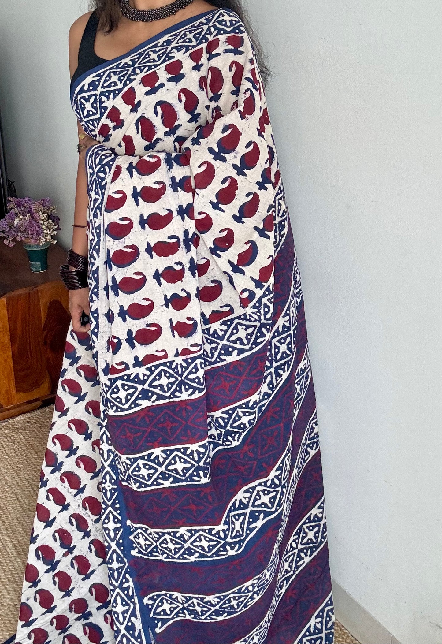 Beige with Indigo and maroon paisley motifs, block printed soft cotton saree - YCTORCMA23