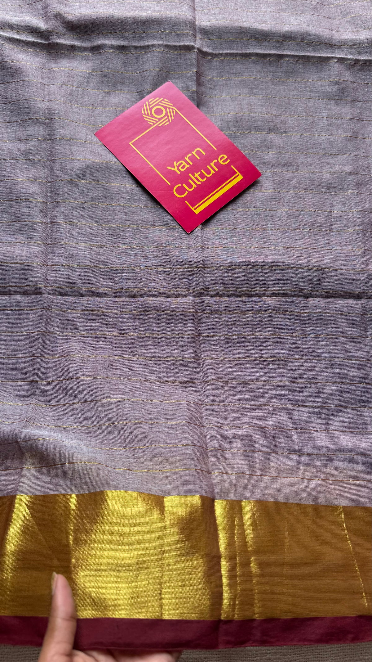 Grey mul cotton saree with zari stripes and maroon highlighted border - YCBCMCSE35