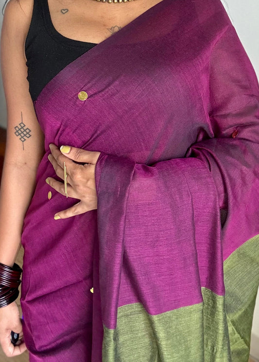 Wine with olive green contrast pallu, gini sequins, soft cotton saree - YCBCSCOC06