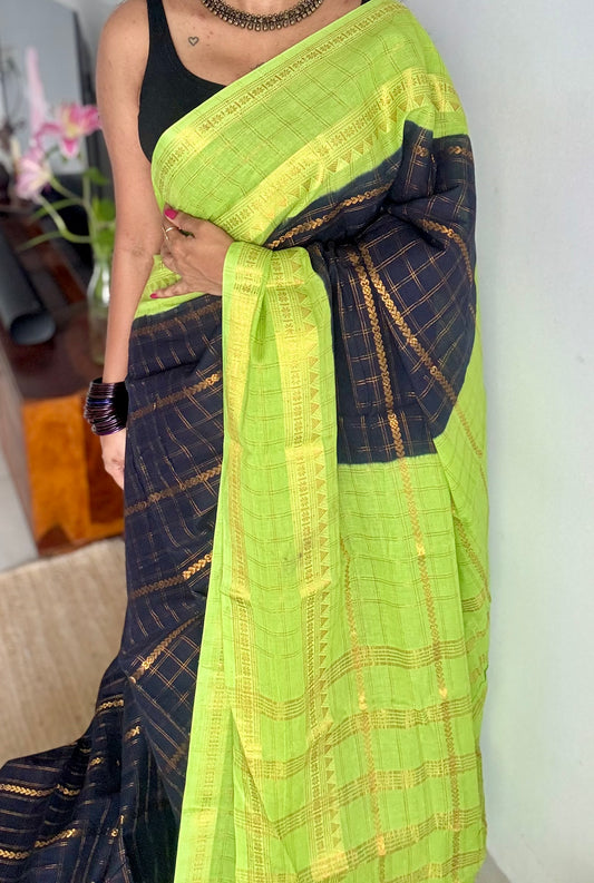 Black with lime green, Adayar checks with velthaari pattern, madurai cotton - YCCOTNOCSC03