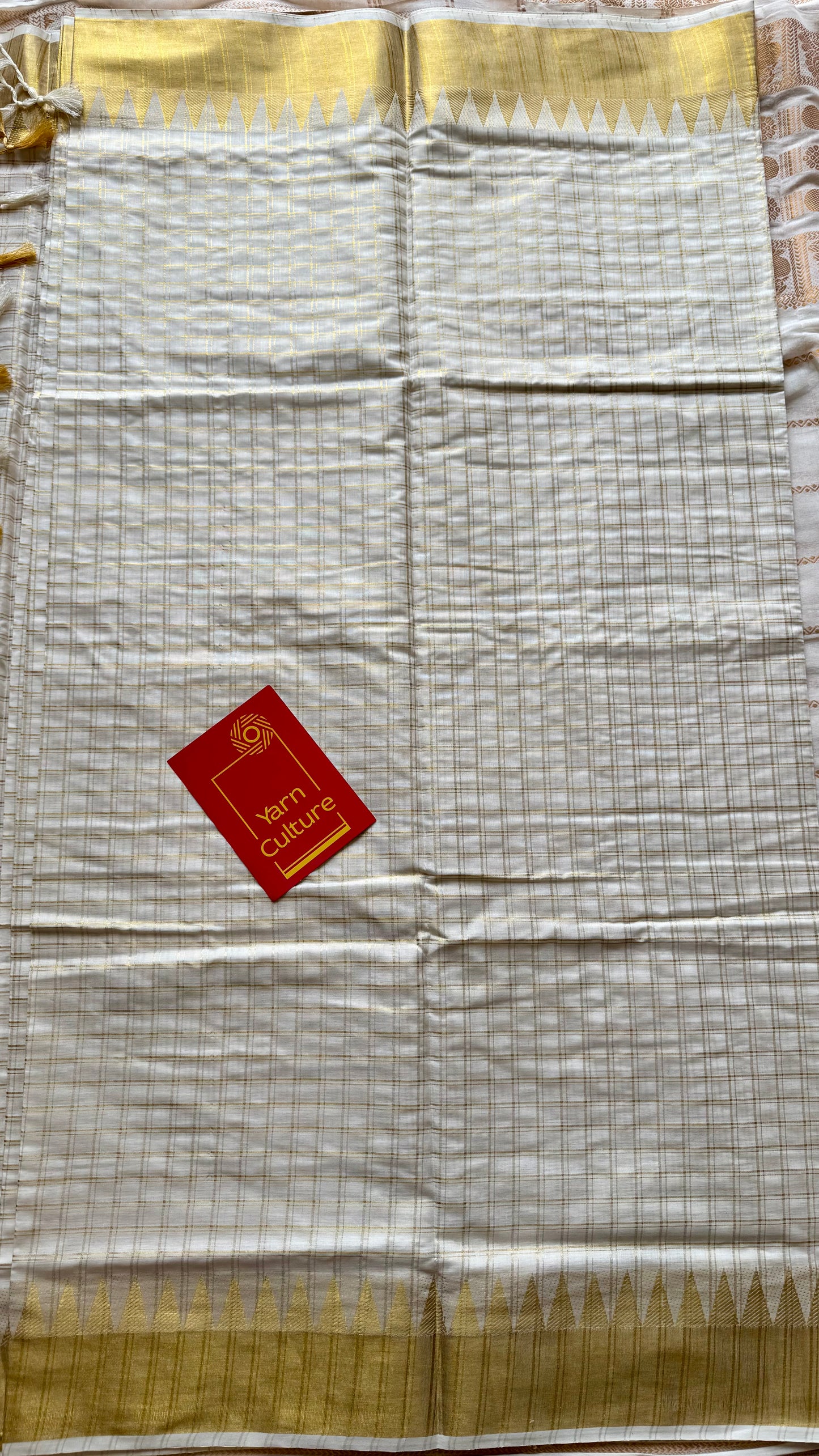 Ivory and gold kerala kasavu saree, checkered, temple border - YCIEON46