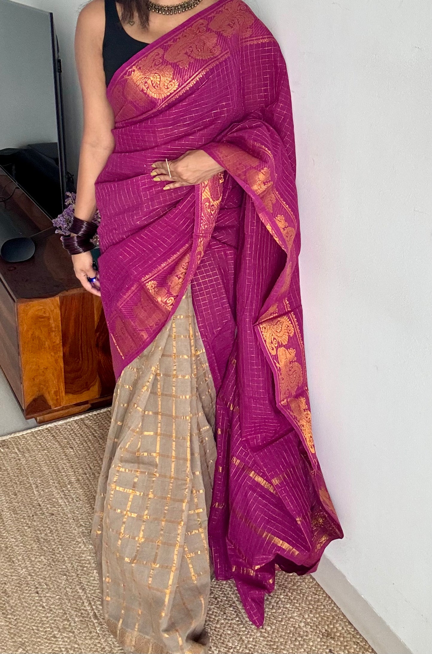 Magenta with warm grey, sungudi cotton half-half saree - YCCOTNMSFE345