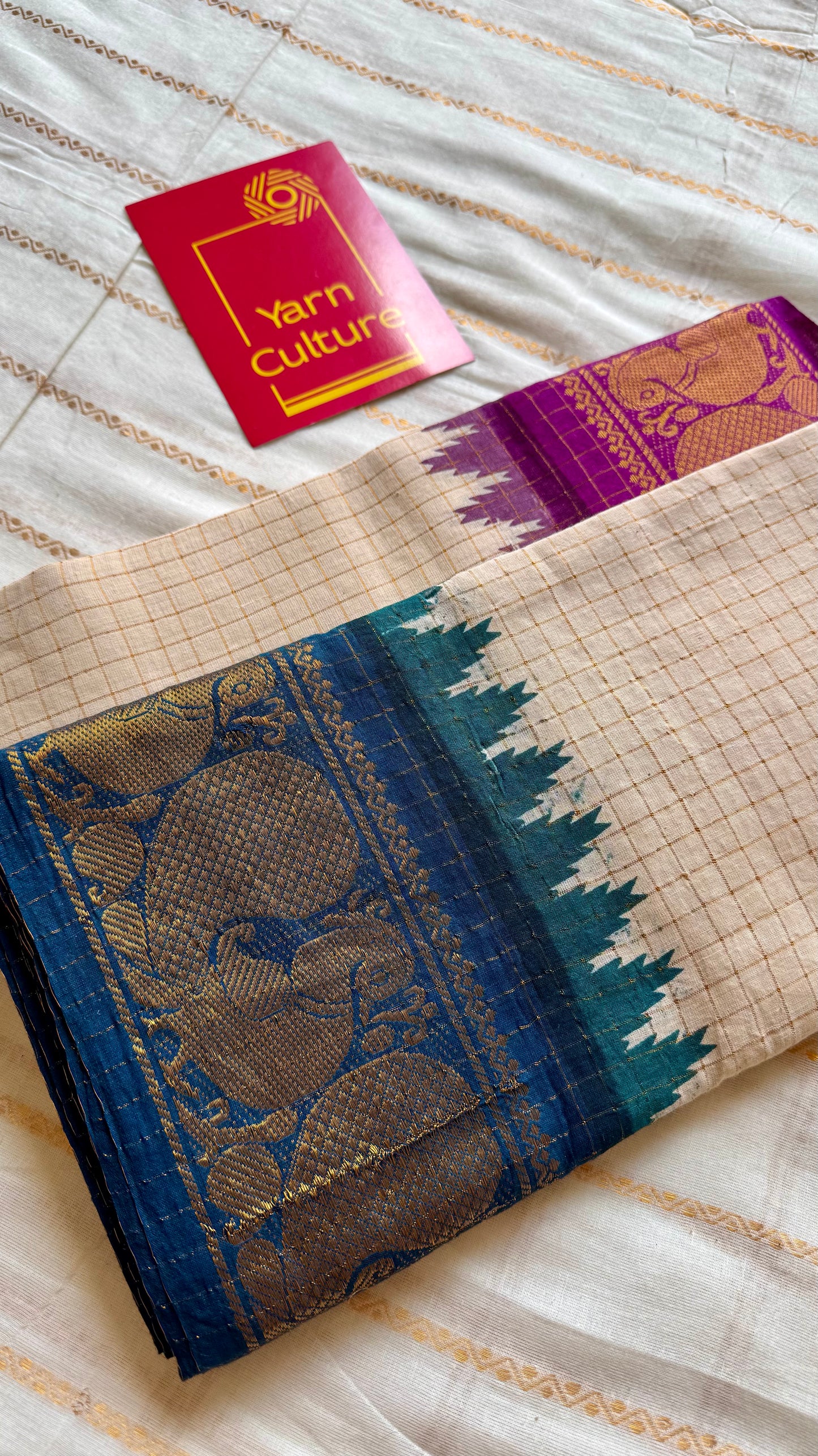 Sungudi cotton checks, ivory gold base, teal and magenta dual tone border, soft cotton - YCIEON100