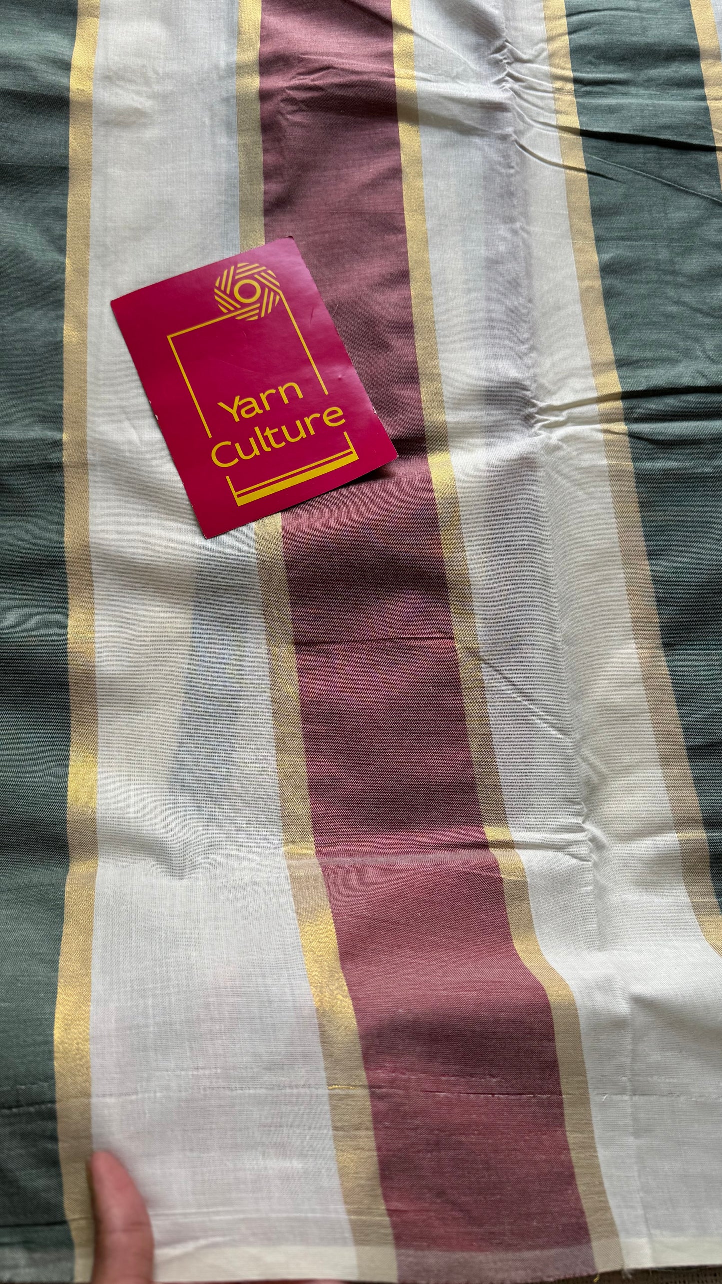 Ivory Kerala cotton saree with maroon and green stripes - YCIEKCFE307