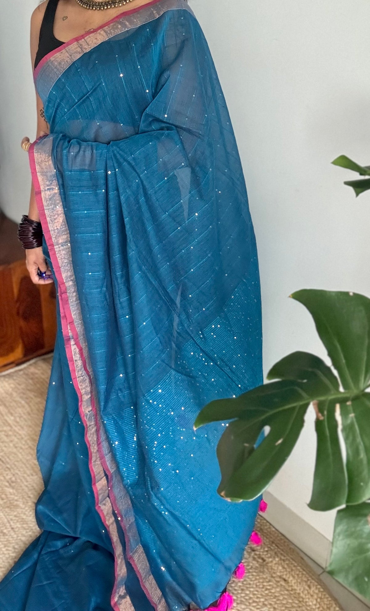 Peacock blue mul cotton saree with sequins and zari border - YCBCMCSE31