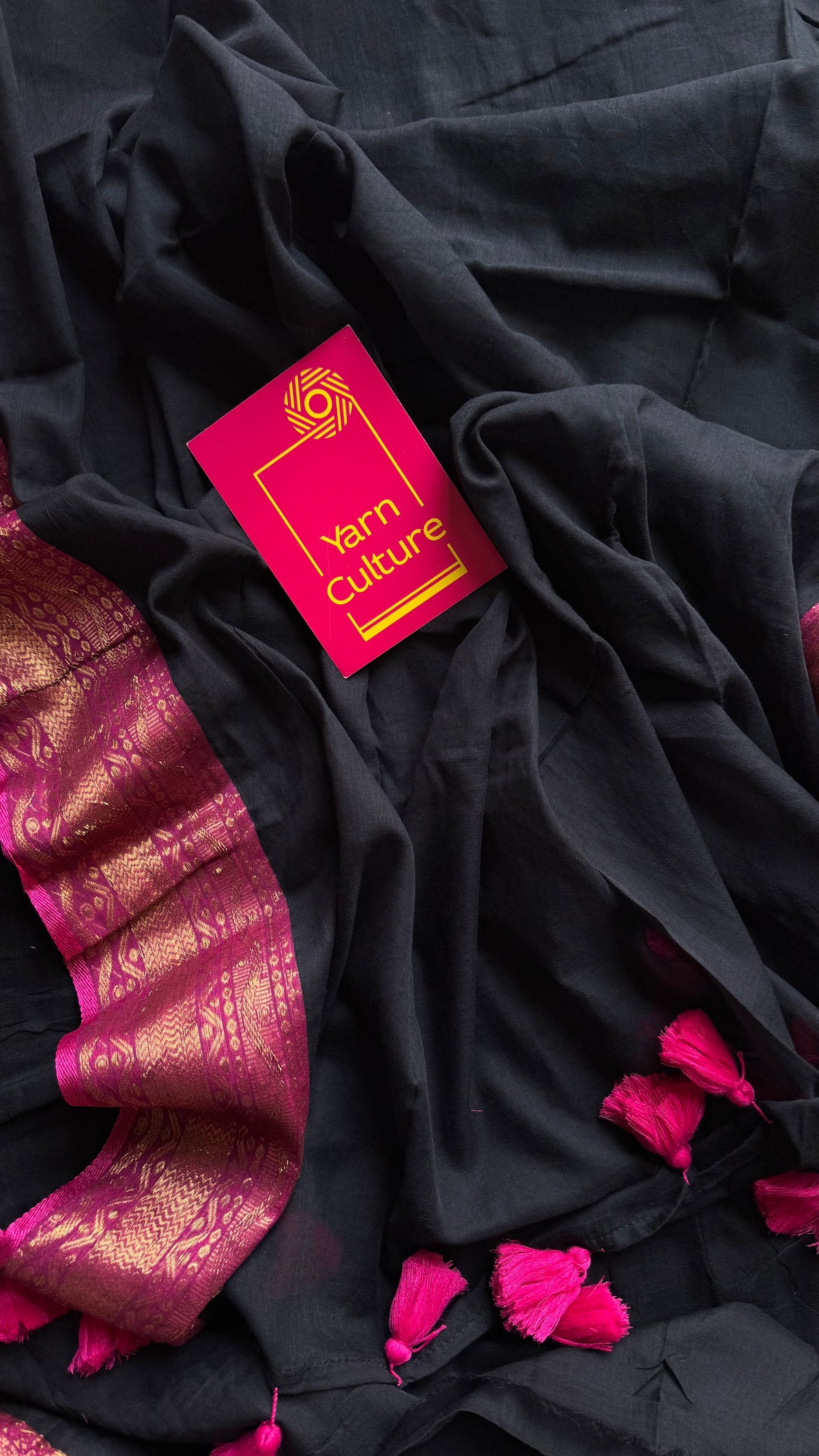 Black mul cotton saree with magenta kanchi inspired zari border - YCBCMCSE28