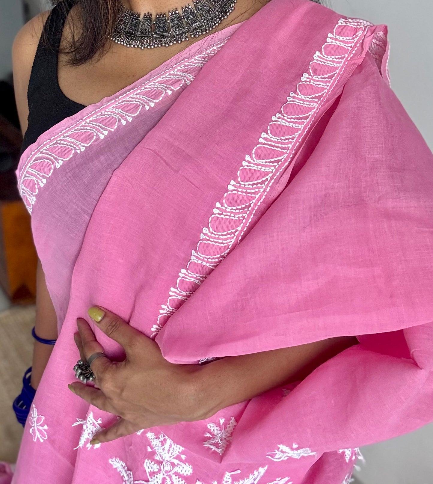 Zehra - persian pink hand-embroidered chikankari cotton saree - YCLCKFE421