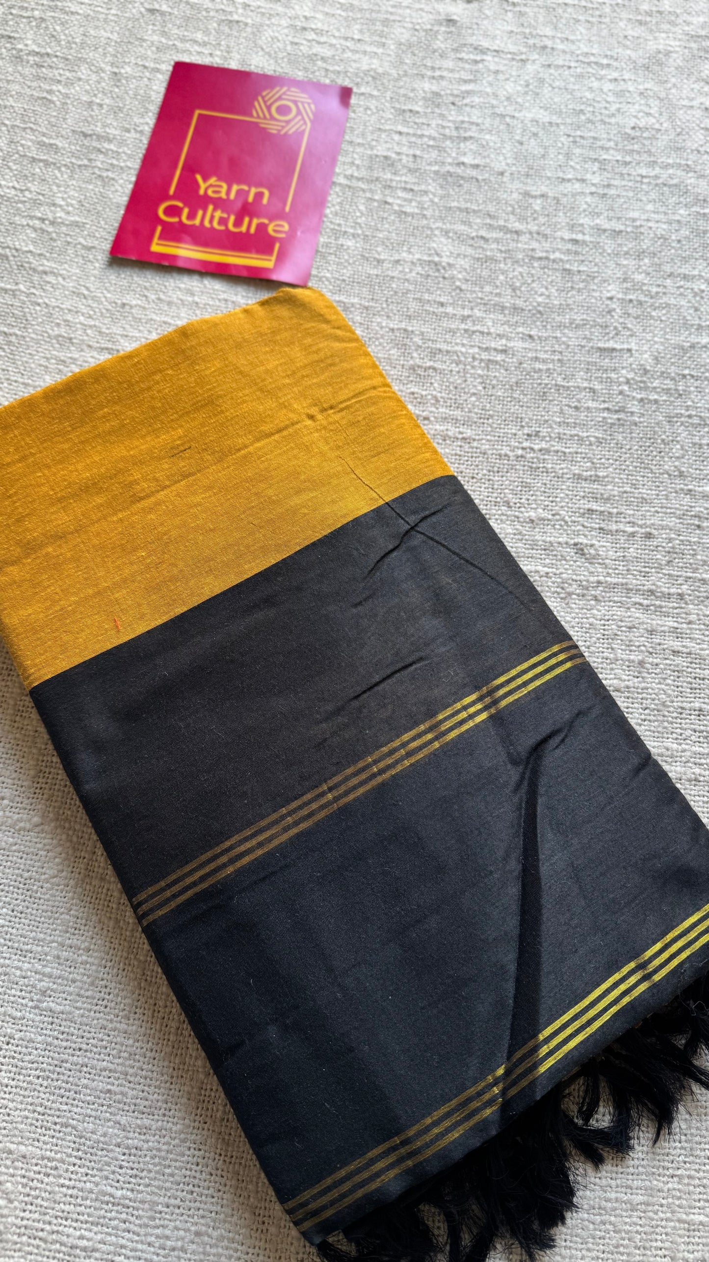 Turmeric yellow with black temple border, cotton silk - YCCOTNCSDE94