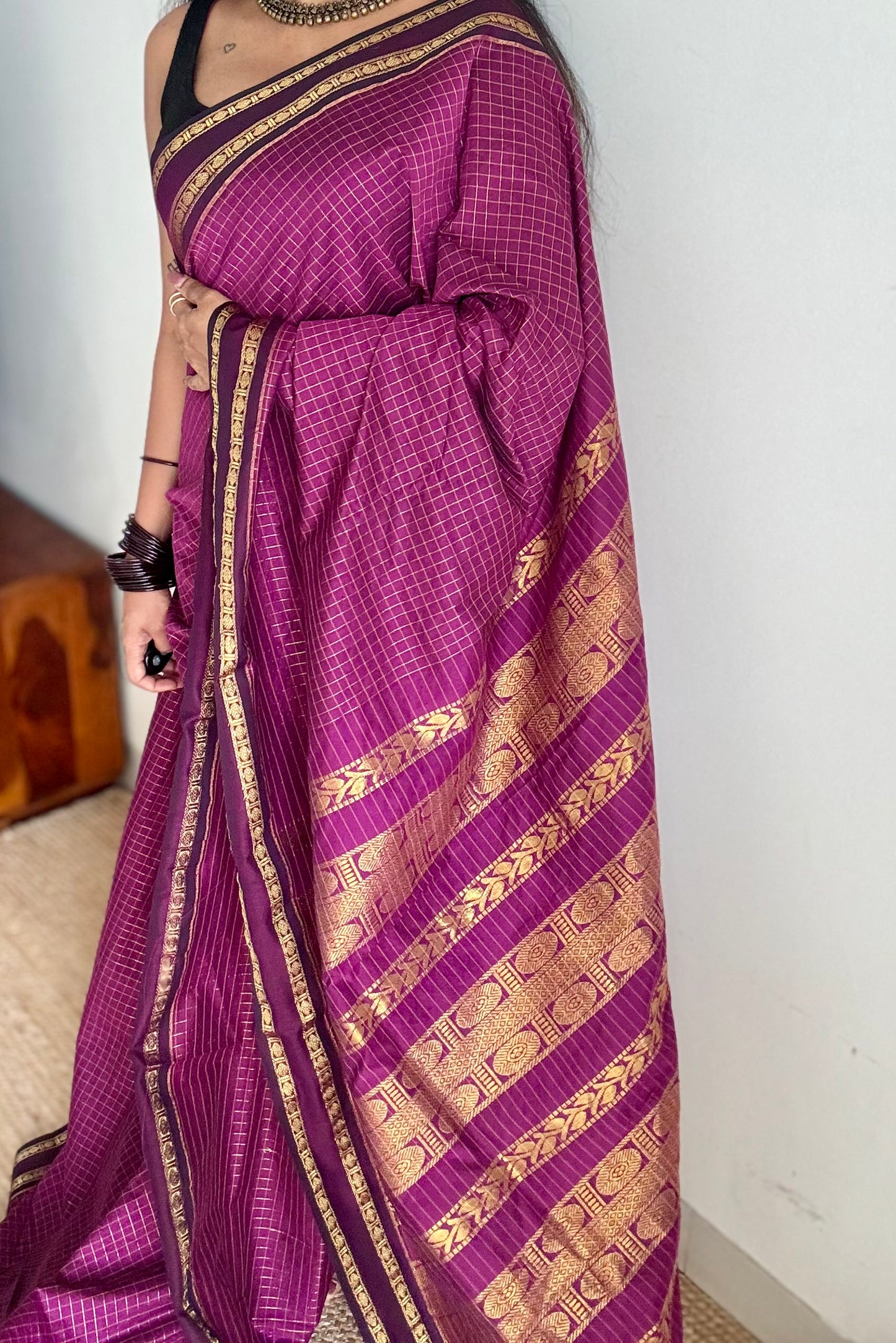 Grape wine, arani zari checks saree, cotton silk - YCCOTNAUG15