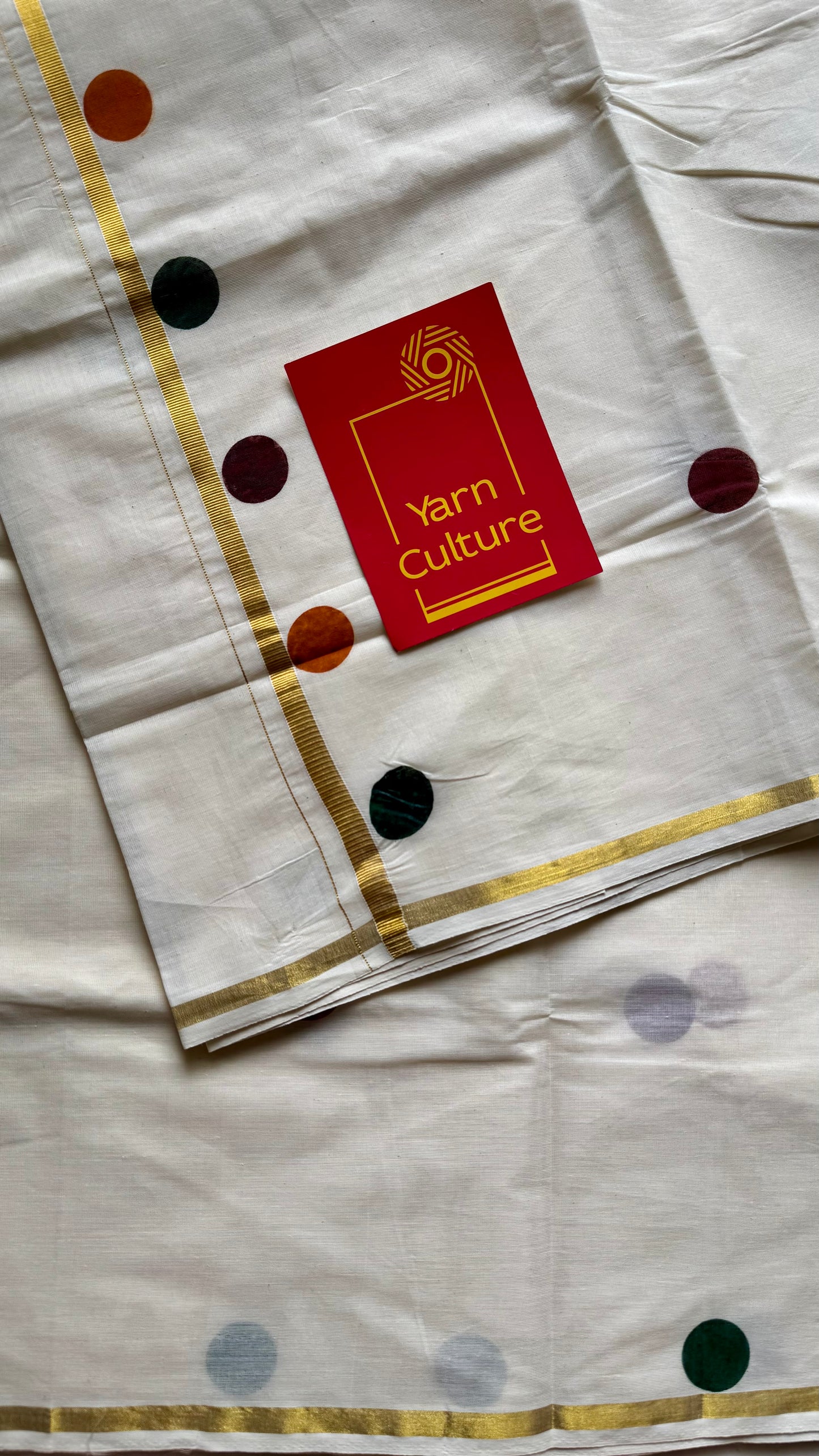 Ivory and gold soft cotton thin border kasavu saree, maroon, green and mustard polka - YCIEON74