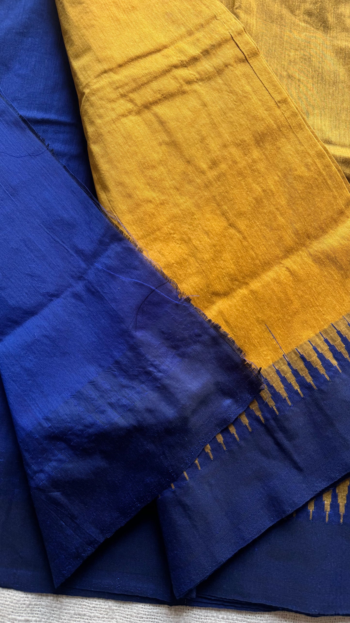 Turmeric yellow with blue contrast, temple border saree, cotton silk - YCCOTNTBFE57