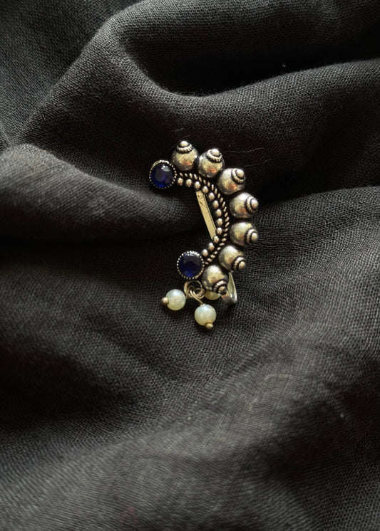 Oxidised silver, blue stone, clip on Maharashtrian nath - YCOSNC197