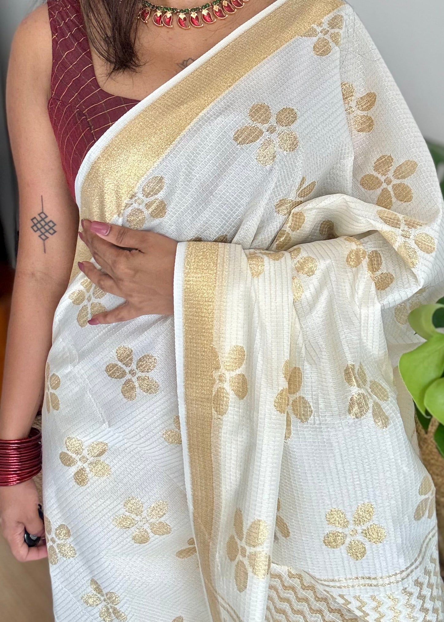 Ivory and gold soft net cotton saree, gold floral prints - YCIEON64