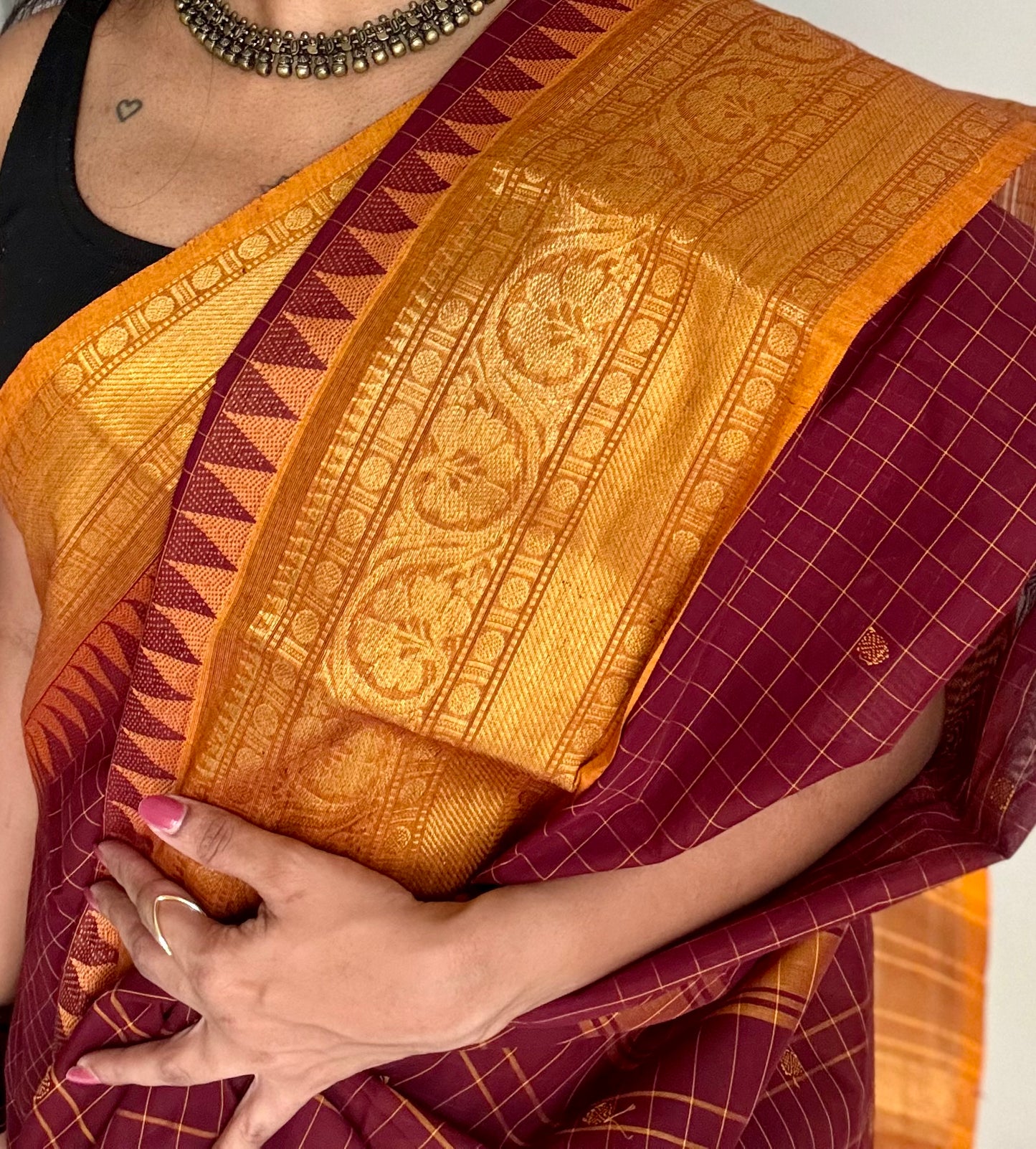 Kanchi cotton saree, maroon checks with yellow temple motif border - YCCOTNAP79