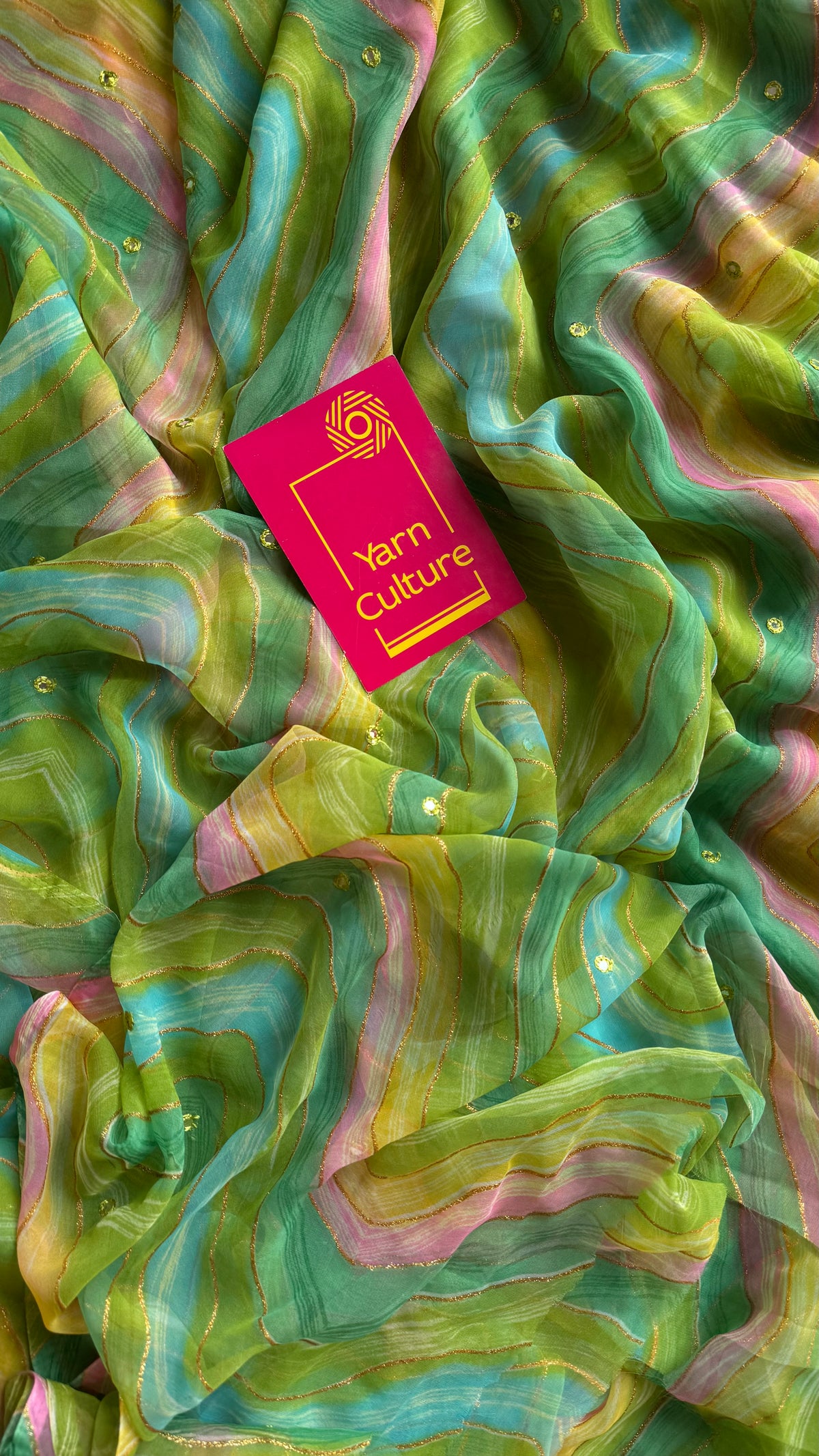Green multicoloured leheriya chiffon saree with mirror work  - YCTORLOC97