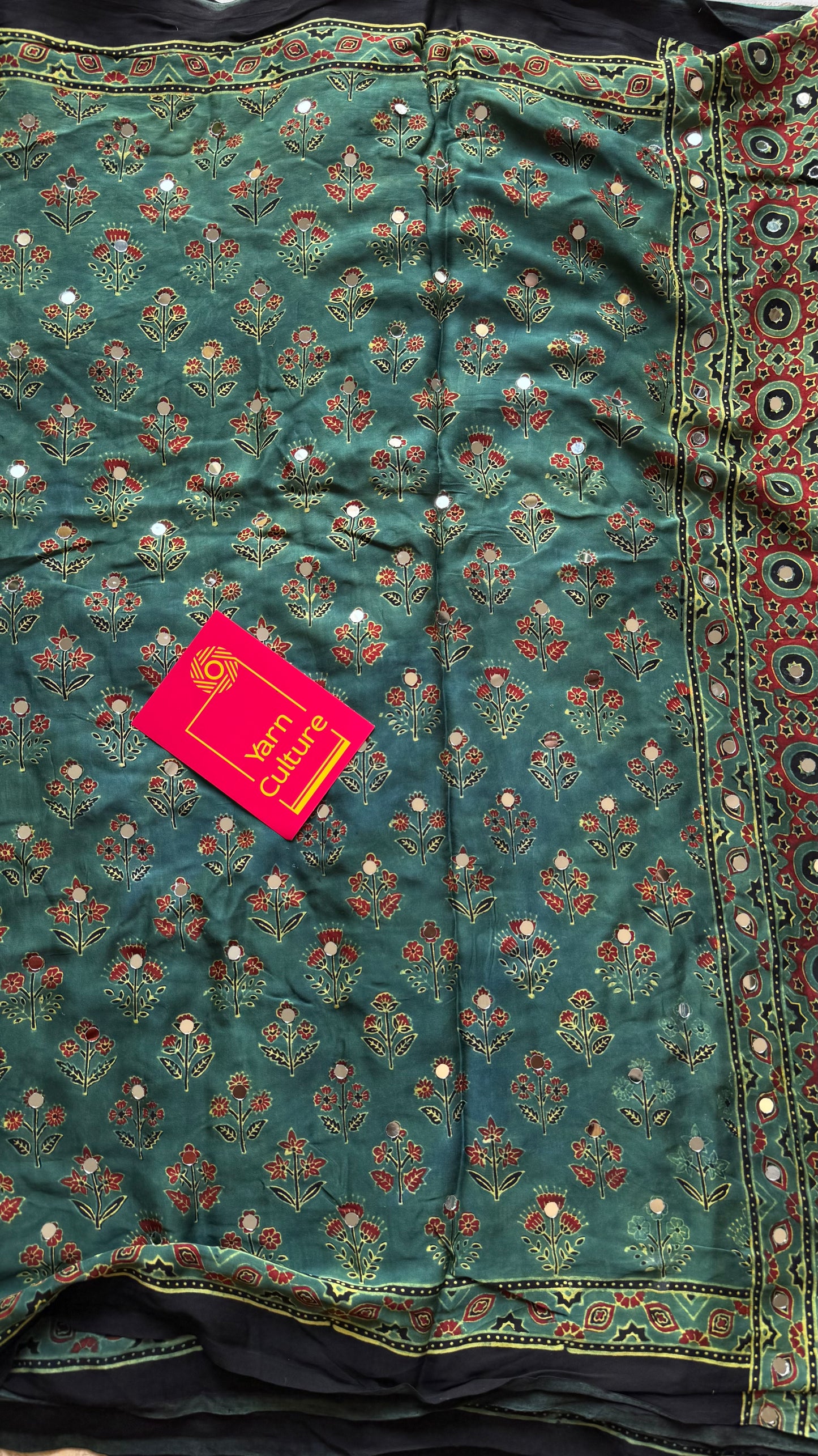 Jade green pure modal silk saree with ajrakh handblock print and mirror work - YCTOKAJM340