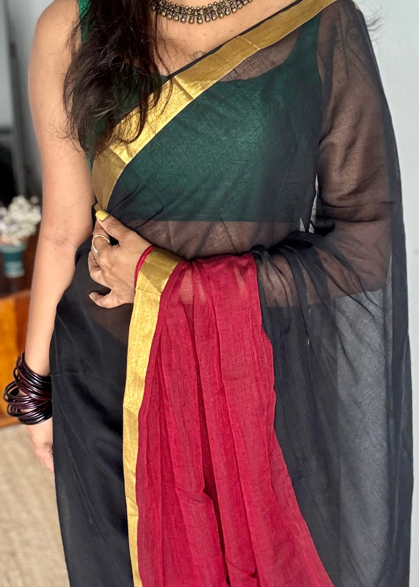 Black with dark red half-half patterned mul with zari border - YCBCMCNO77