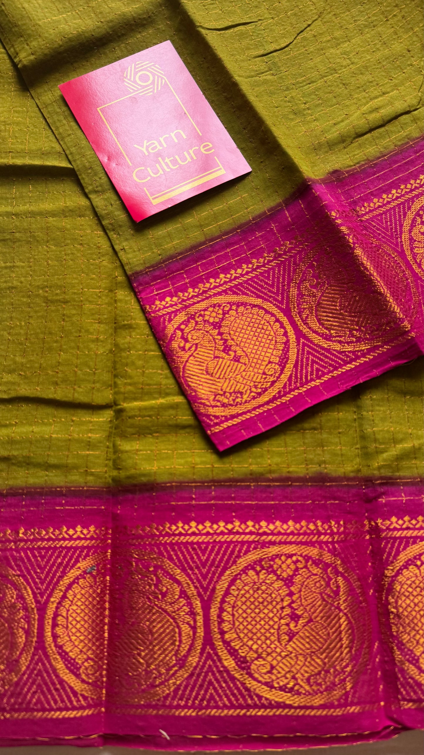 Olive green with magenta contrast zari checkered sungudi, kattuchayam dyed madurai cotton - YCCOTNJU25