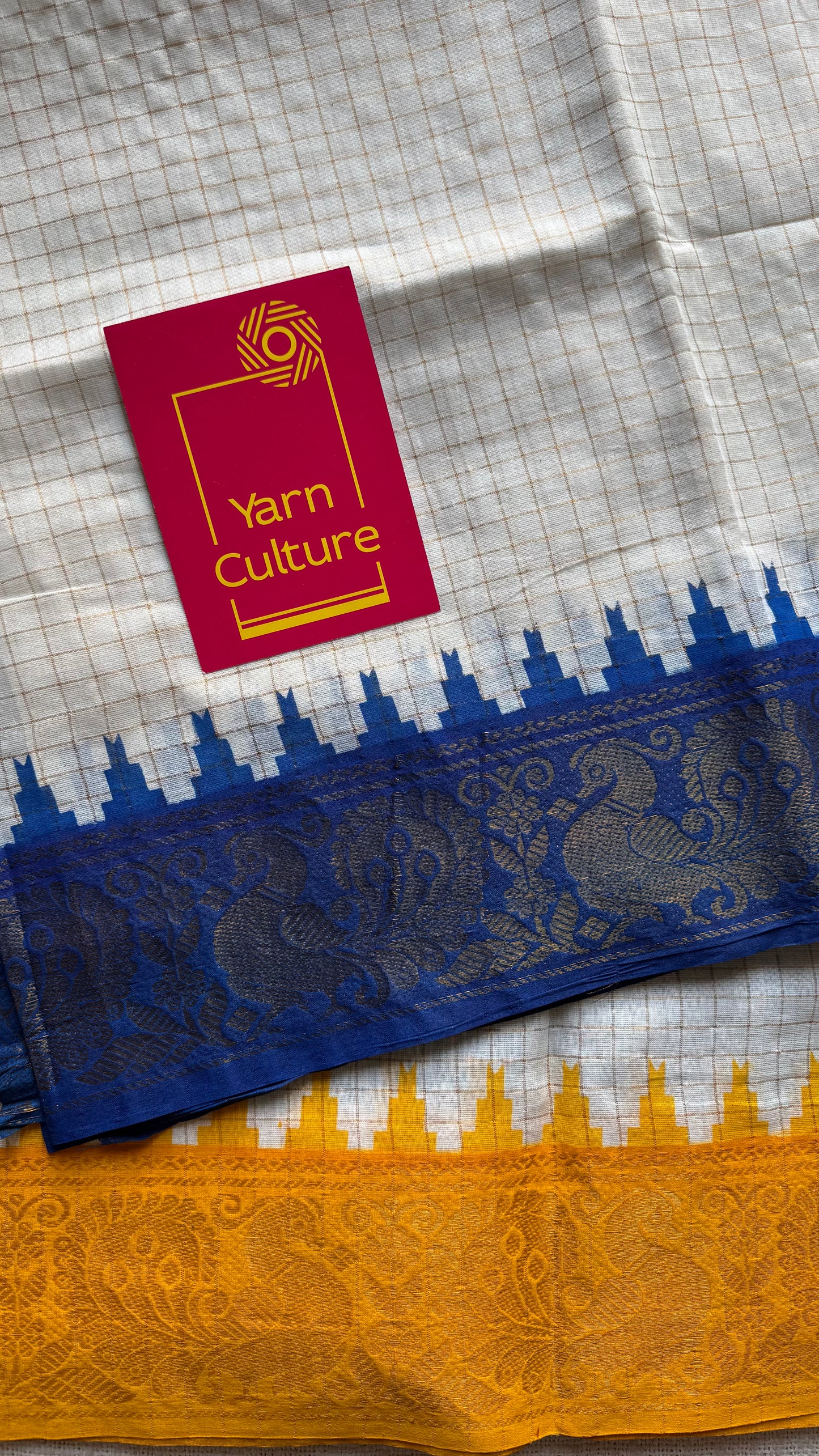 Sungudi cotton checks, ivory gold base, yellow and blue border, soft cotton - YCCOTNGJJA166