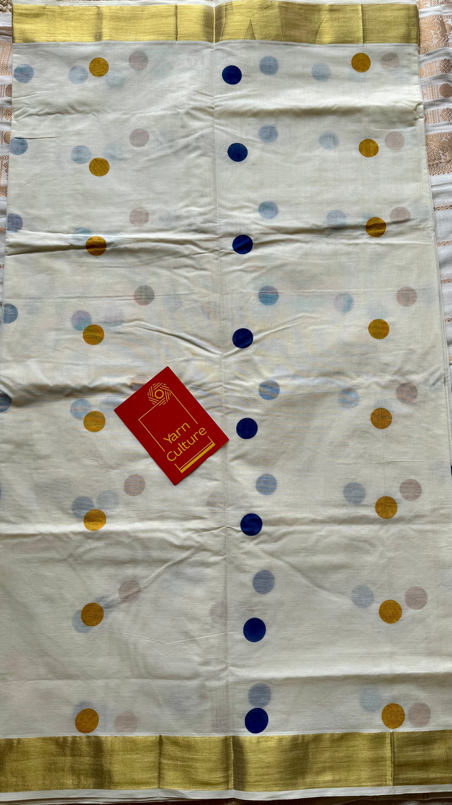 Ivory and gold soft cotton kasavu saree, navy blue and yellow polka - YCIEON73