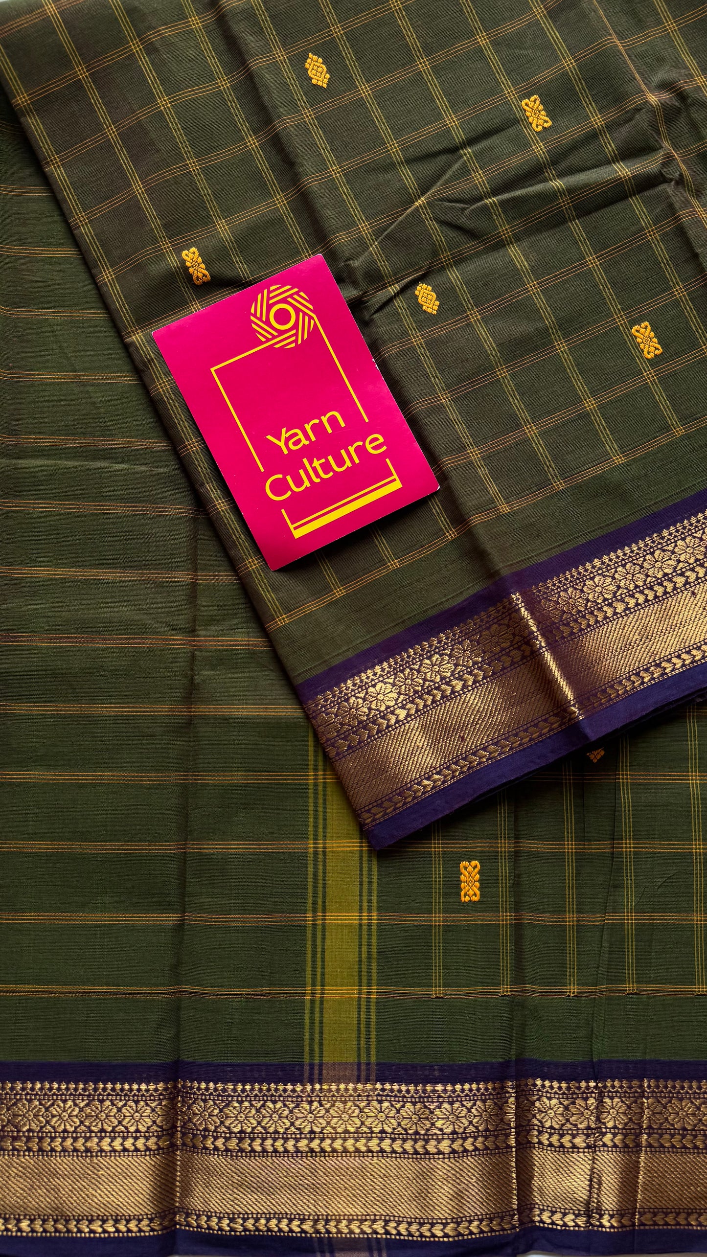 Dark green and purple contrast, checkered Chettinad cotton saree - YCCOTNMA265