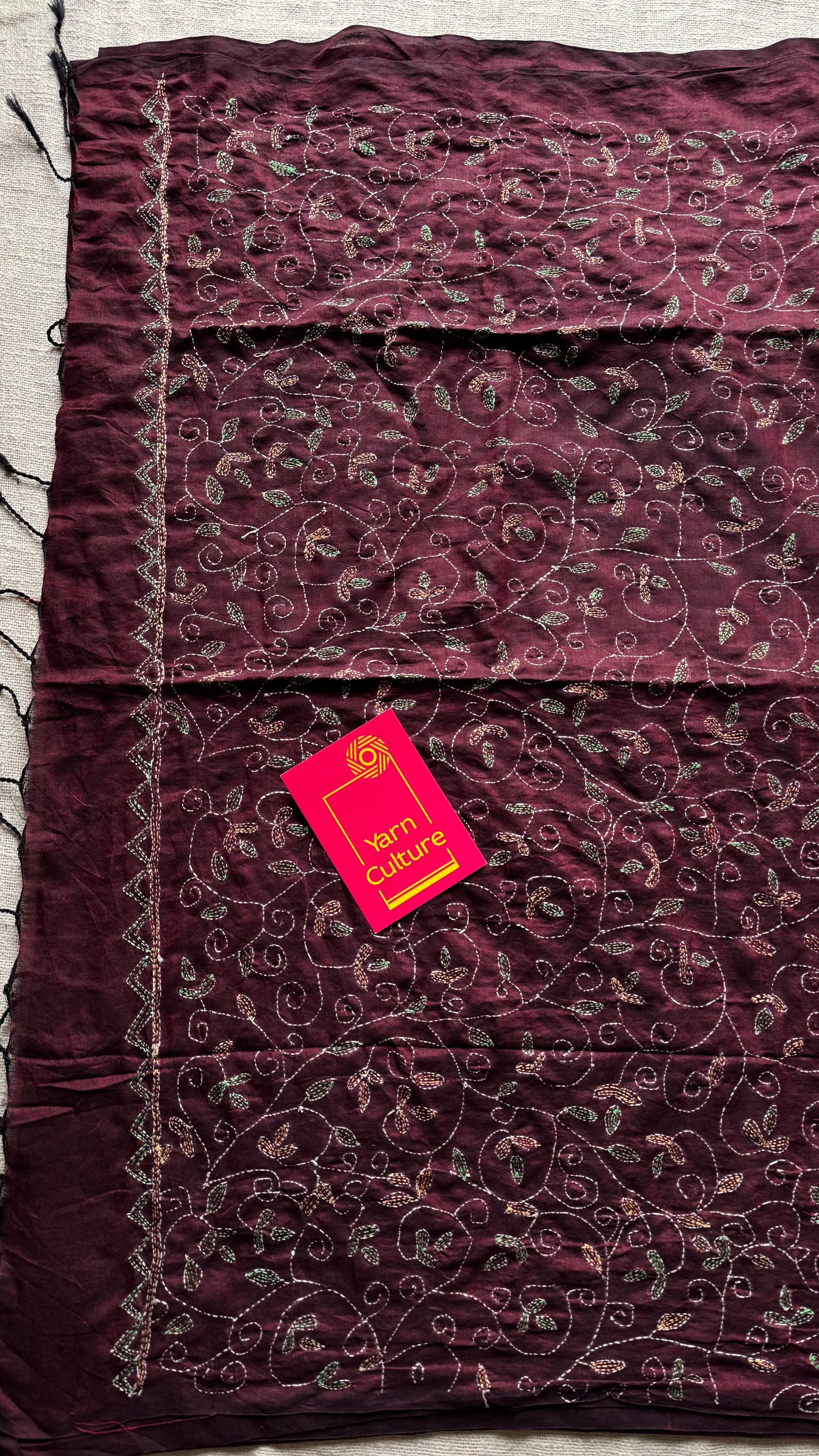 Embroidered maroon kantha weave in soft cotton - YCBCKKJA147