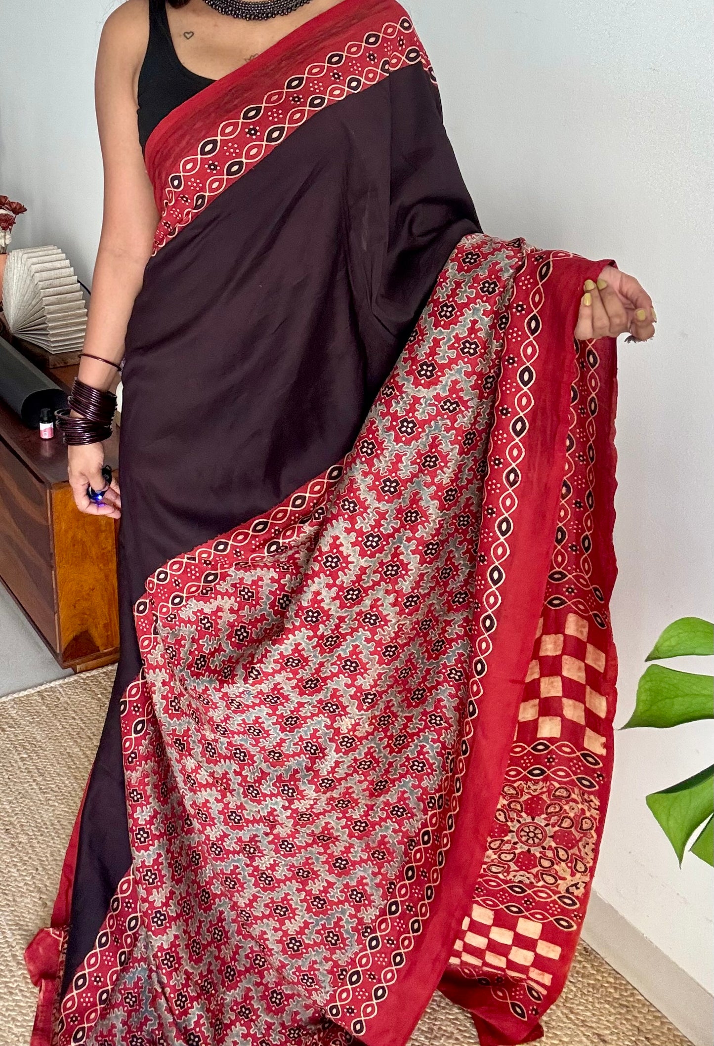 Black and red chanderi saree with ajrakh handblock print - YCTOKAJC343