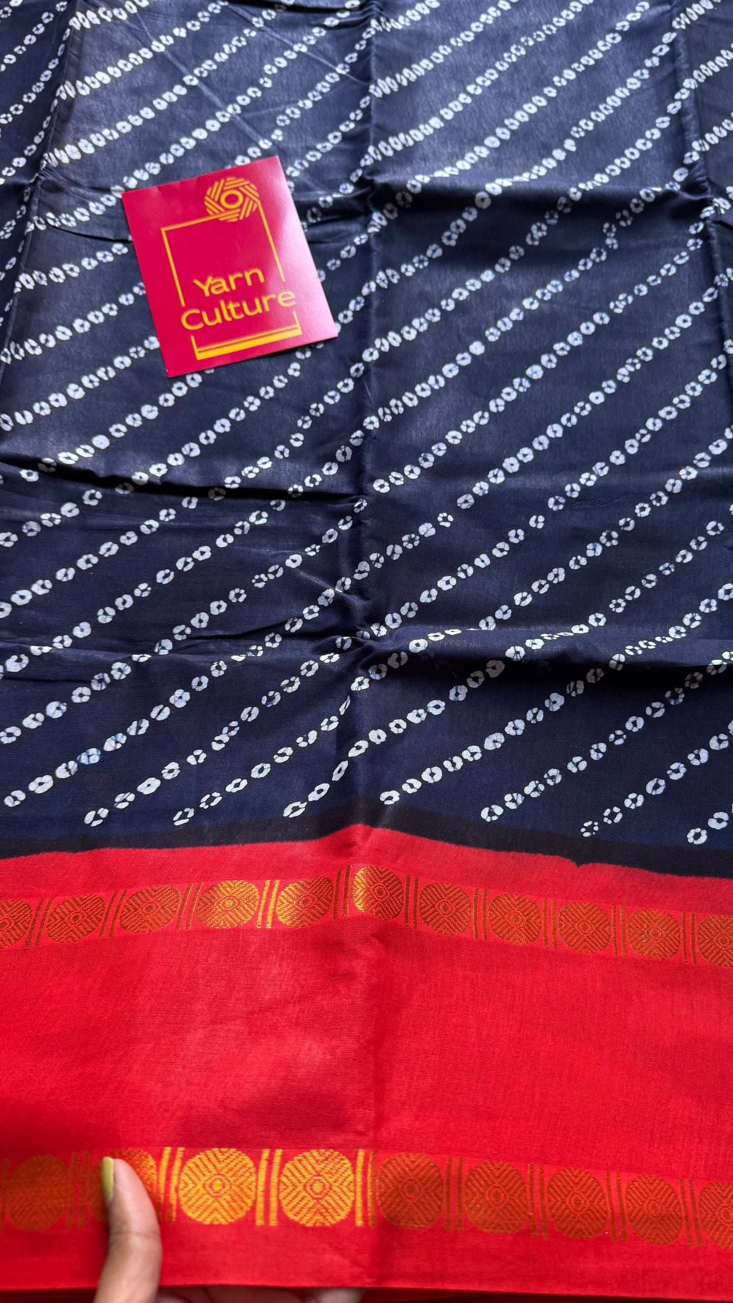 Dark navy blue with chilli red printed sungudi, madurai cotton - YCCOTNSUDE103