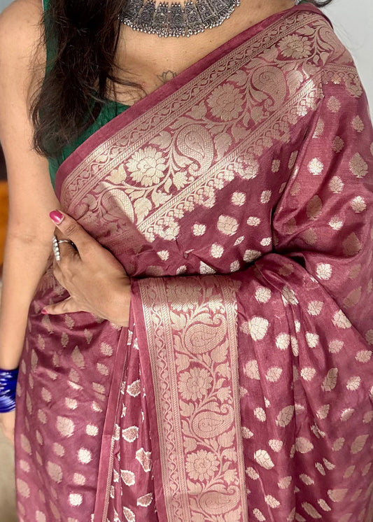 Dark mauve, silver buttas and zari, Banarasi semi-silk - YCDESE38