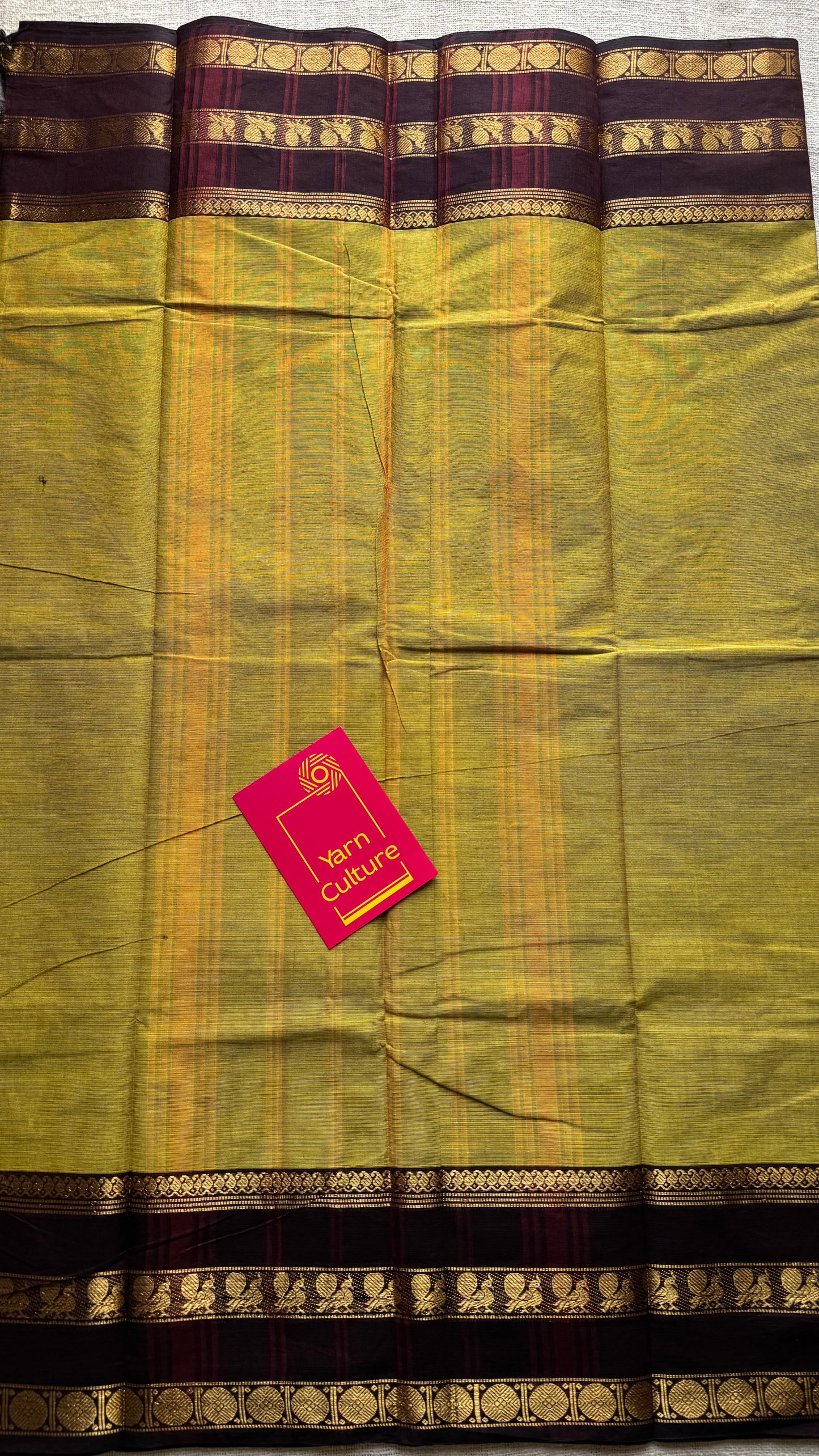 Lemon ginger green with brown contrast border, kanchi cotton - YCCOTNOCCC04