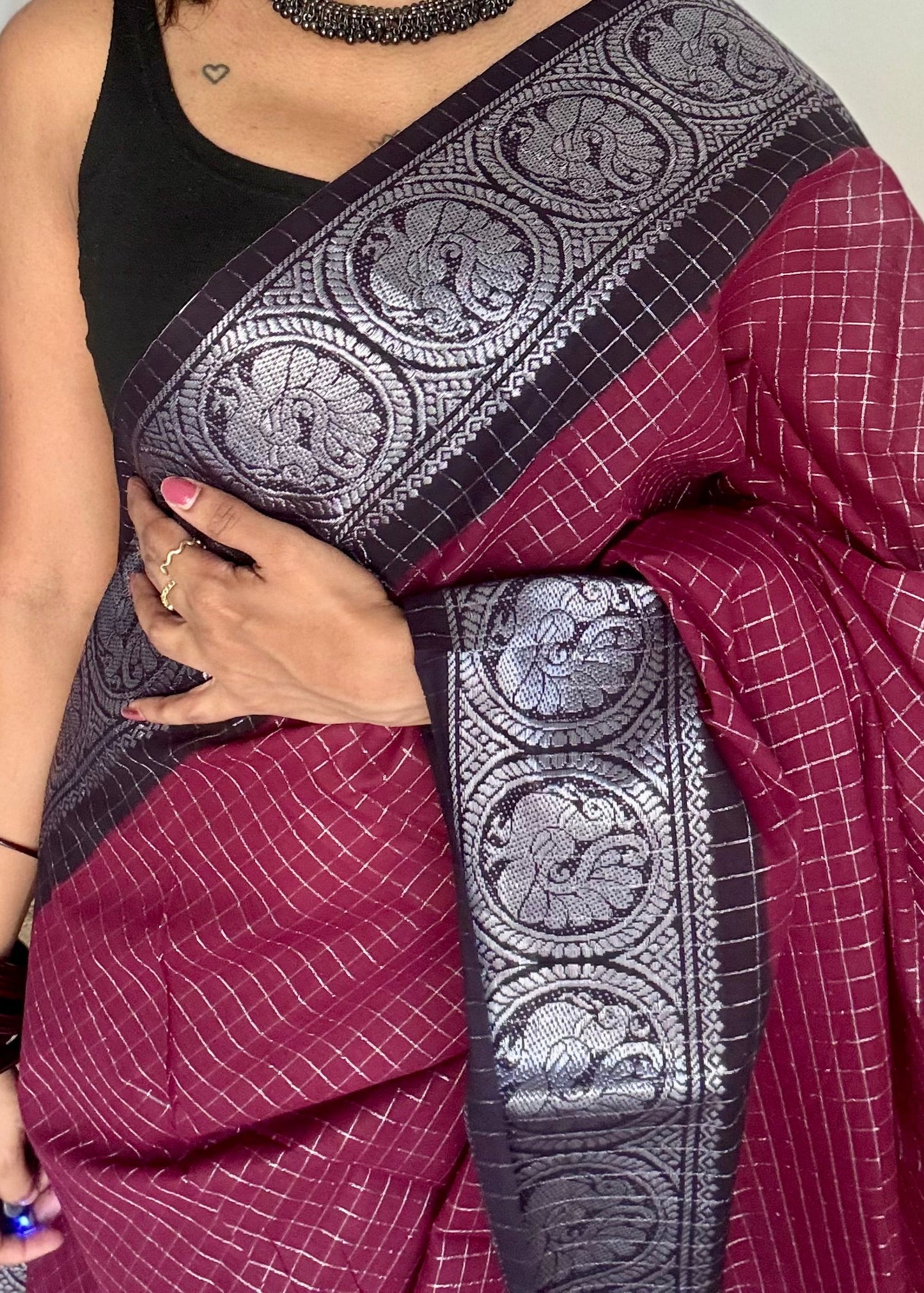 Dark wine with black, silver zari checkered sungudi, kattuchayam dyed madurai cotton - YCCOTNMSAP103