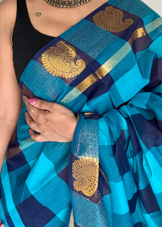 Chettinad cotton saree with sky blue and navy checks, paisley motif border - YCCOTNAP62