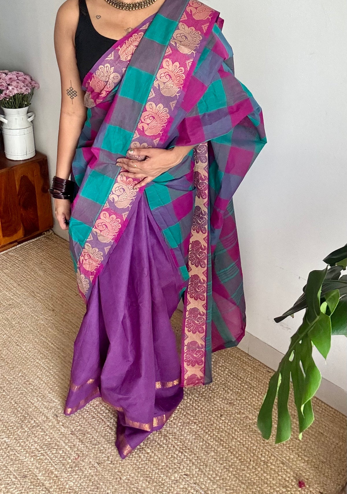 Multicoloured checks with purple, sungudi and chettinad cotton half and half saree - YCCOTNIDOC132