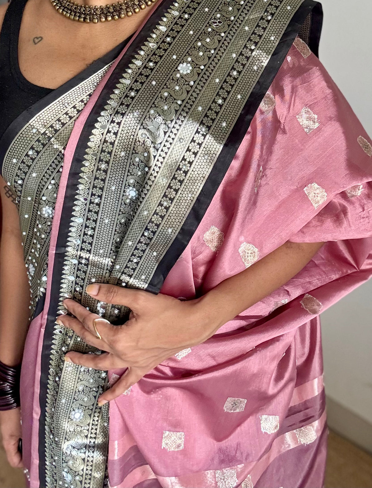 Dusty pink with black silver zari Banarasi semi-katan silk saree with pearl embellishments - YCBLTOC92