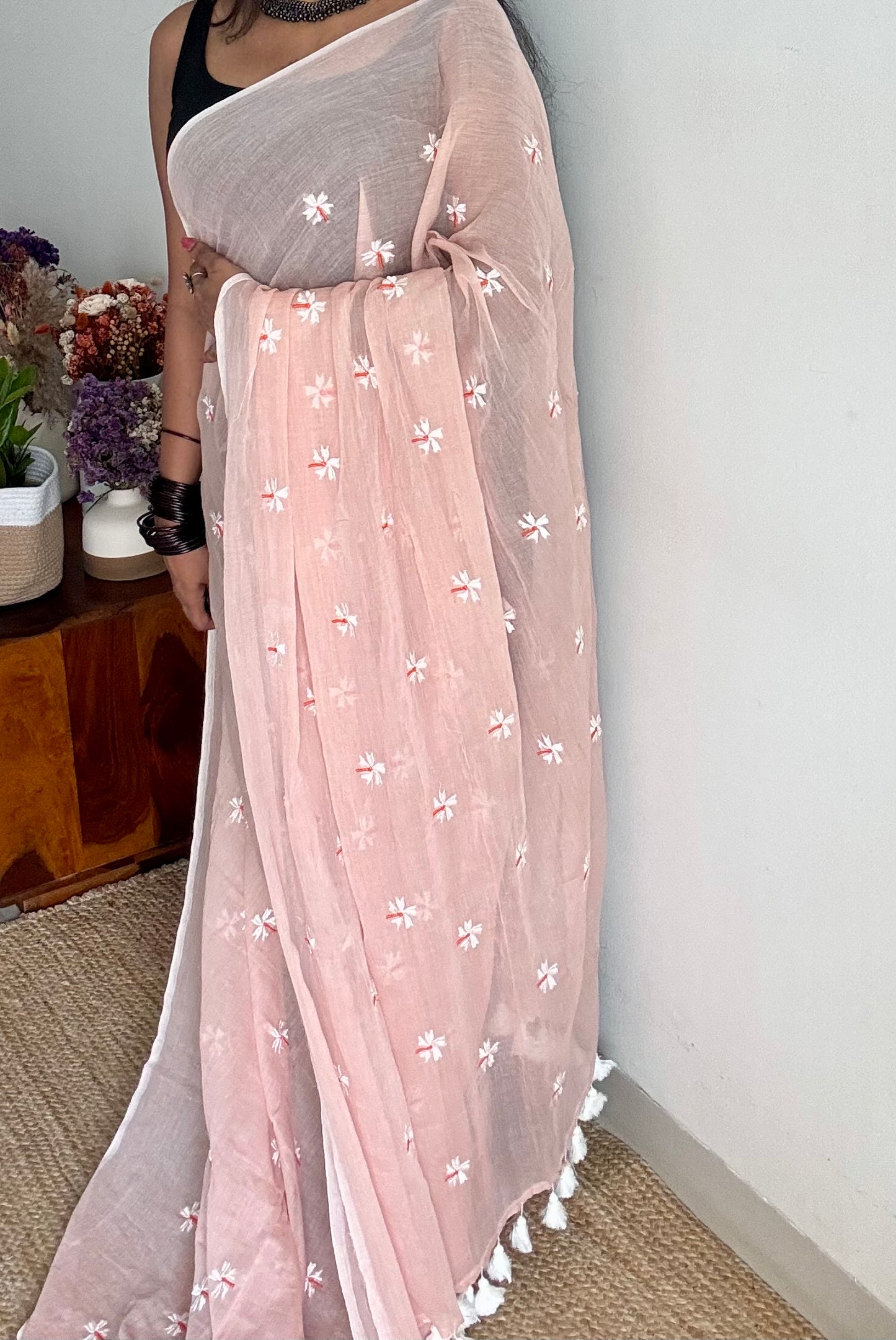 Pastel peach parijat mul cotton saree  - YCBCMCAP31