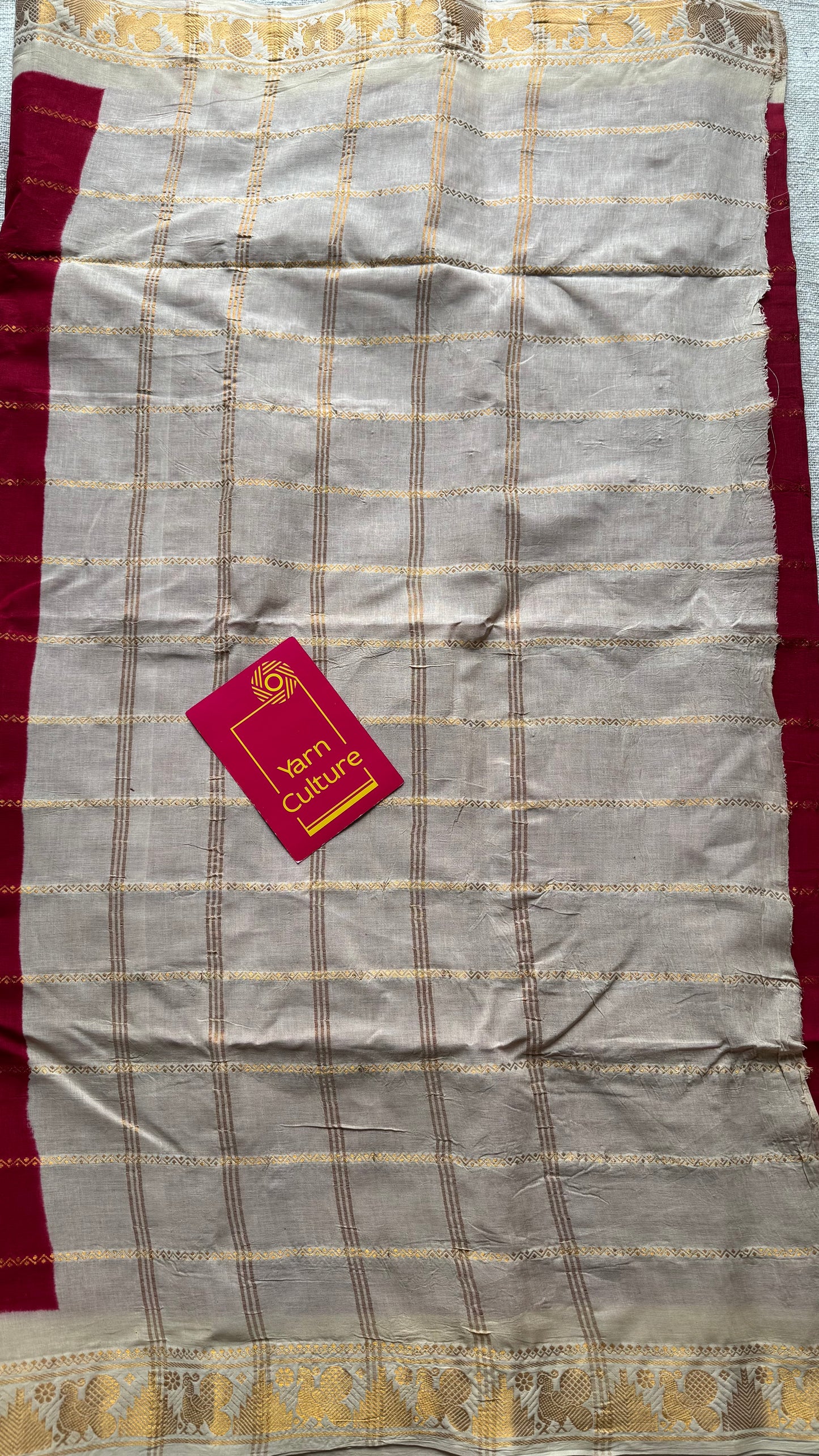 Red with cream veldhaari, kattuchayam dyed, madurai cotton - YCCOTNSEMS91