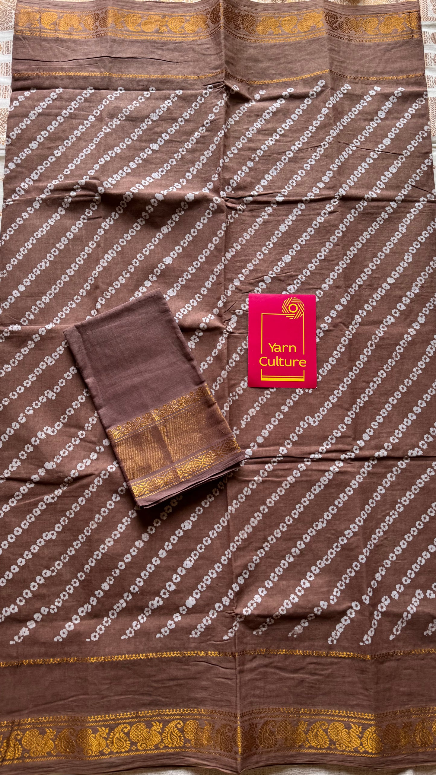 Earthy brown, wax dot printed sungudi, kattuchayam dyed madurai cotton - YCCOTNMSAP158