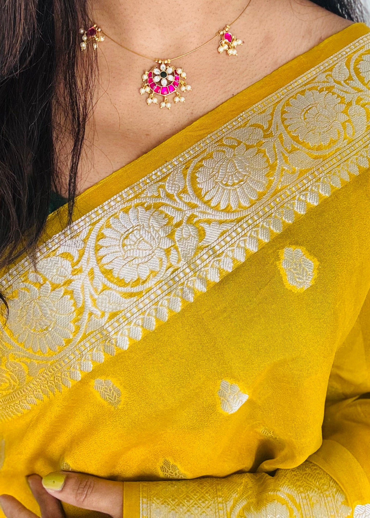 Invisible neckchain with jadau kundan stones & pearl hangings - ruby, green, white - YCGPNP688