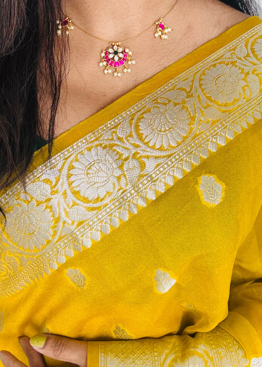 Invisible neckchain with jadau kundan stones & pearl hangings - ruby, green, white - YCGPNP688